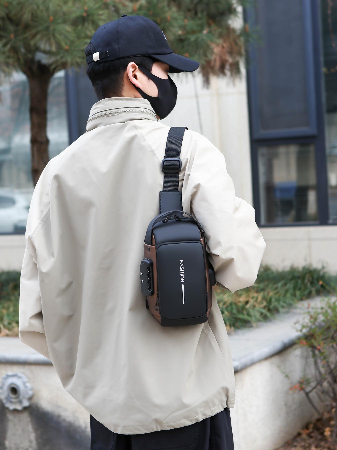 Men's Letters Print Zipper Chest Bag, Casual Anti-theft Large-Capacity Crossbody Bum Bag, Fashionable Sling Bag for Daily Use