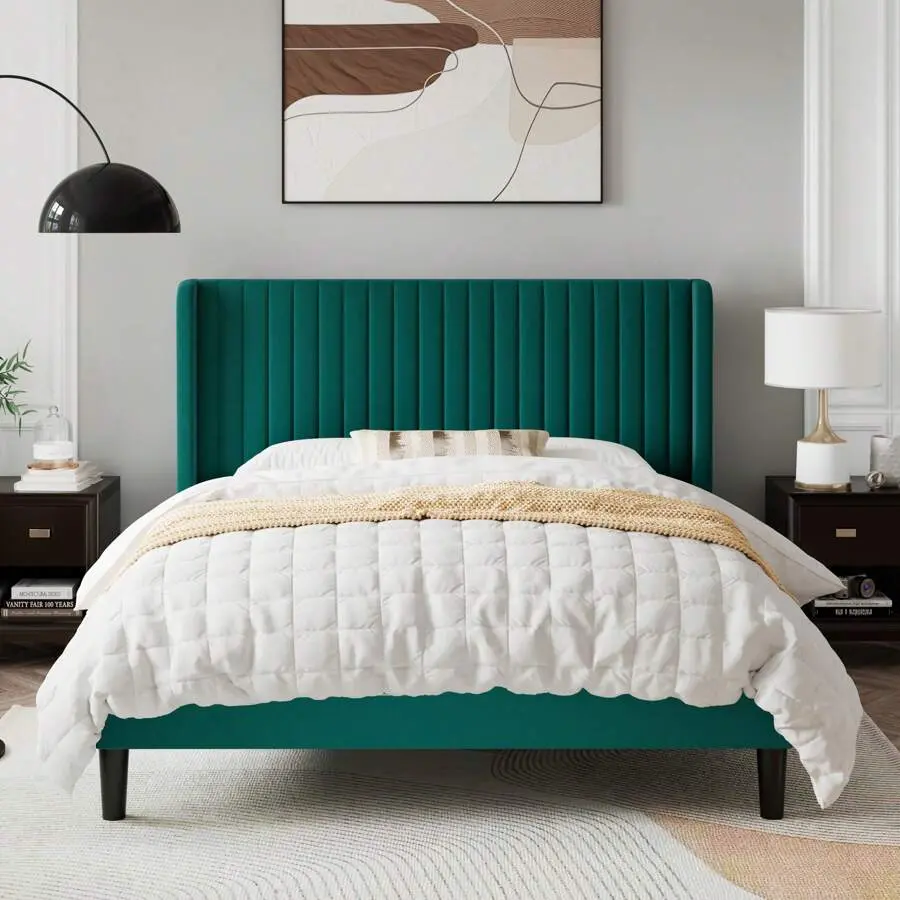 Full/Queen/Size Velvet Bed Frame/Vertical Channel Tufted Wingback Headboard/Upholstered Platform Bed/Strong Wooden Slats/No Box Needed/Easy Assembly/Teal