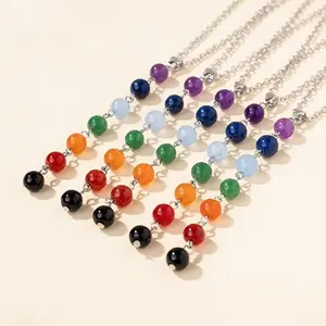 New Natural Crystal Stone Colorful Bead Pendant Necklace, Minimalist Fashion Long Sweater Chain, 7 Chakra Healing Crystal Jewelry for Daily Wear