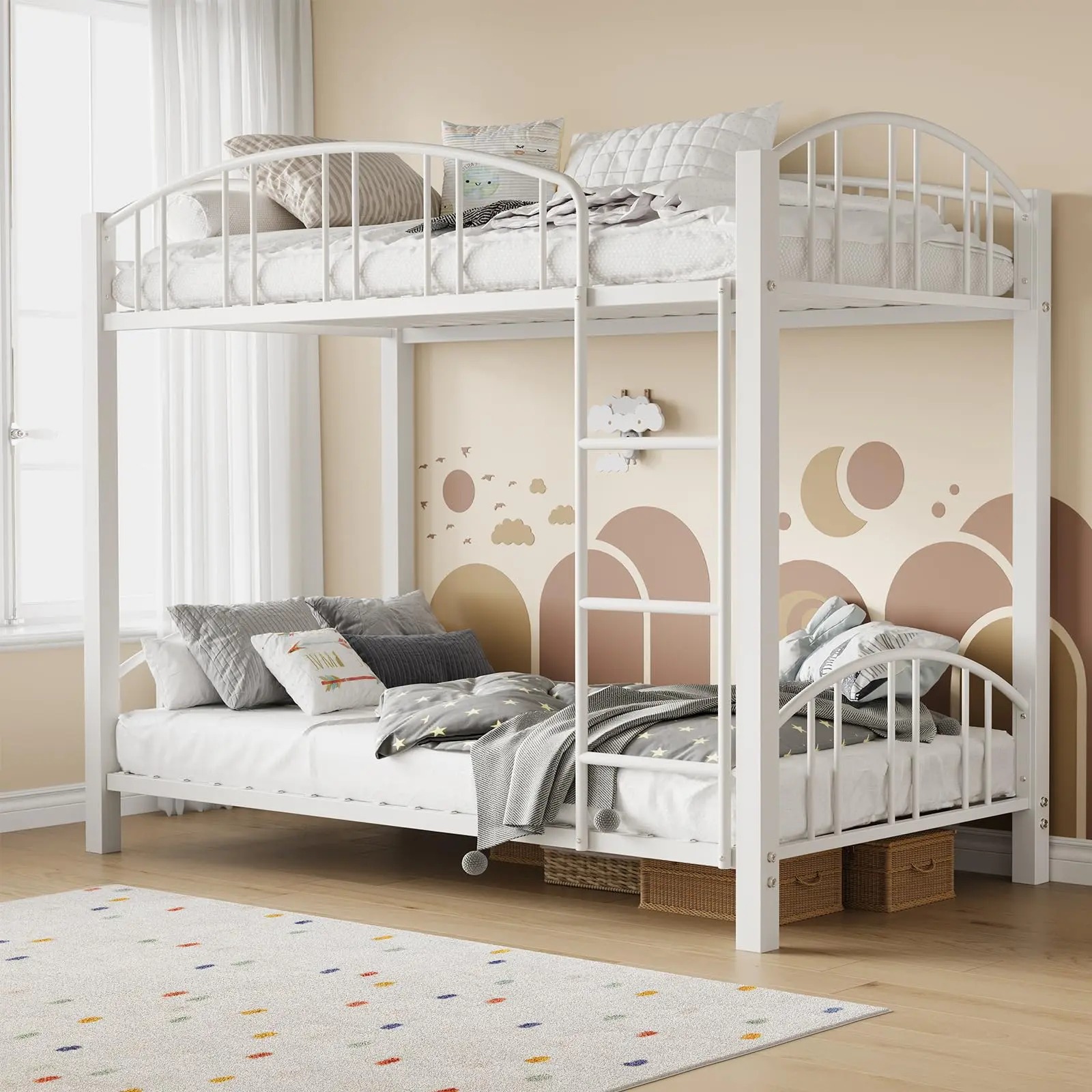 Garvee Twin Over Twin Bunk Bed with Stairs and Arched Guardrail, Sturdy Metal Slats for Support, Space-Saving Design, Noise-Free, No Box Spring Needed, Ideal for Bedroom and Small Spaces, White Finish