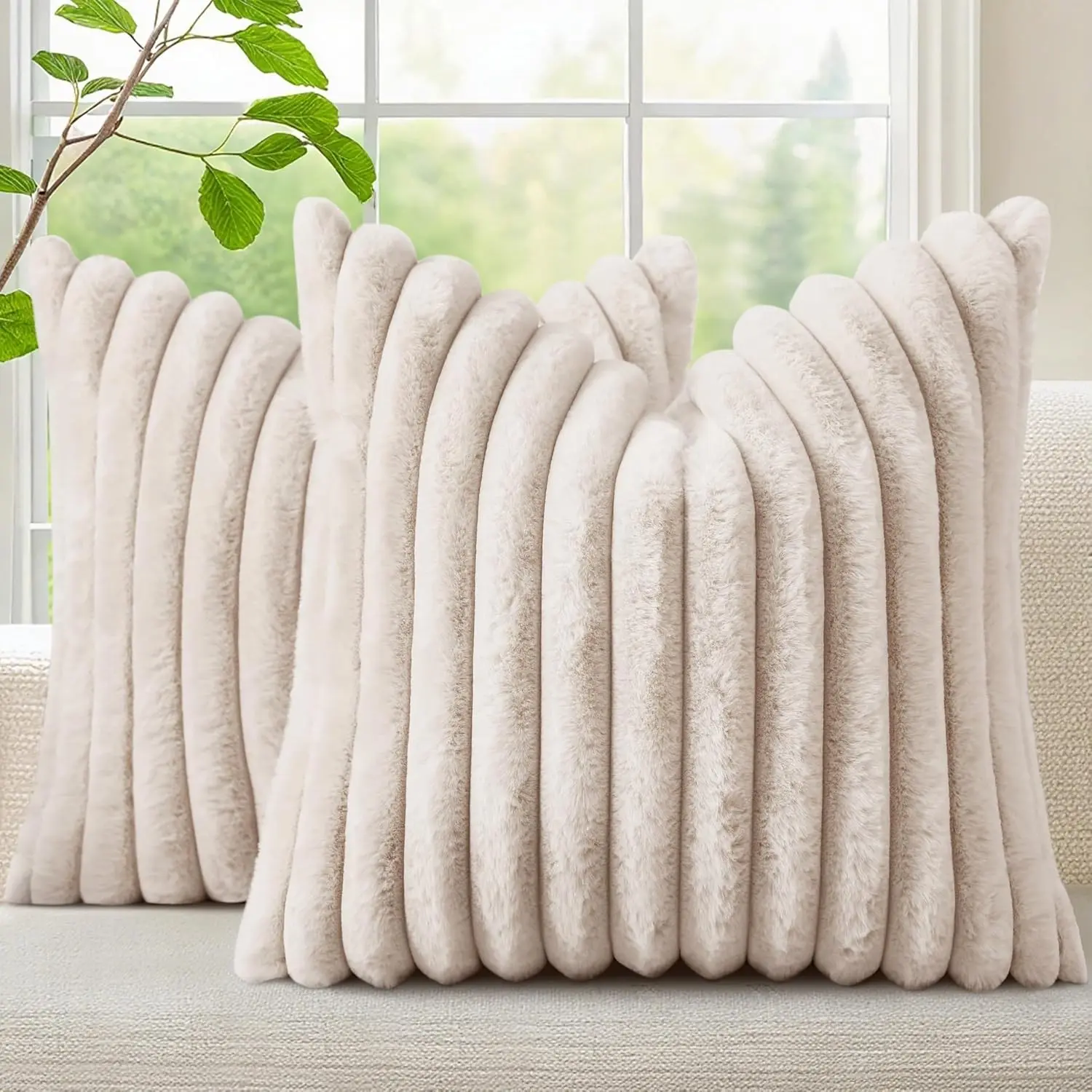 Fall Cozy Faux Fur Throw Pillow Covers 18x18 Set of 2 Decorative Soft Plush Striped Modern Farmhouse Boho Couch Pillow Cases with Velvet Back for Sofa Bed Living Room, Beige