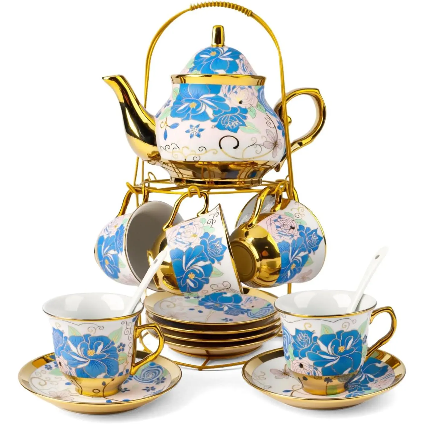 20 count Porcelain  Set with Metal Stand,European   Set for Adult | Ceramic  Cup and  Set for 6 People,  Set with Floral Teapot,Spoons for Wedding,Afternoon  Party( Blue)