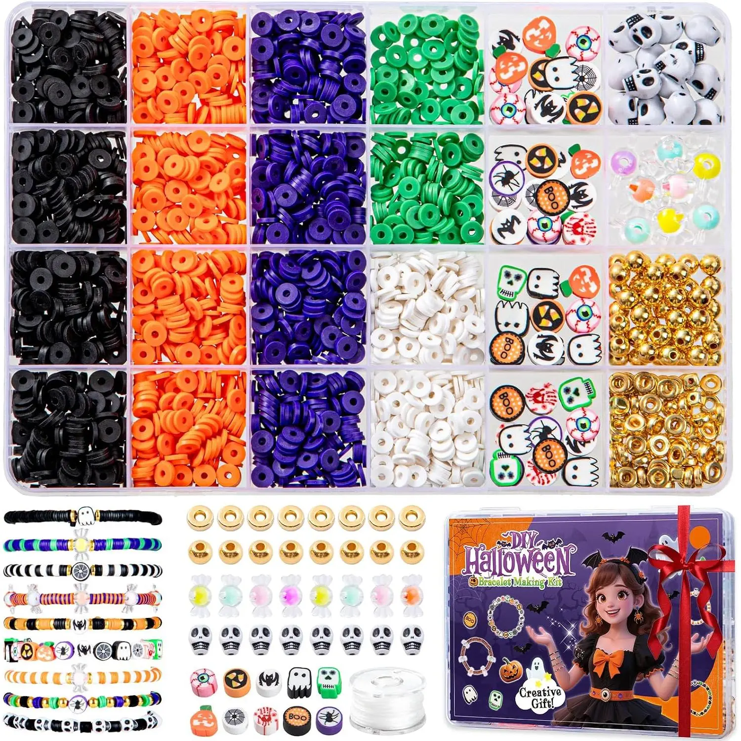 Halloween Clay Beads Friendship Bracelet Making Kit for Party,  Making Kit with Polymer Clay Charms and Skull for Bracelets, Gifts