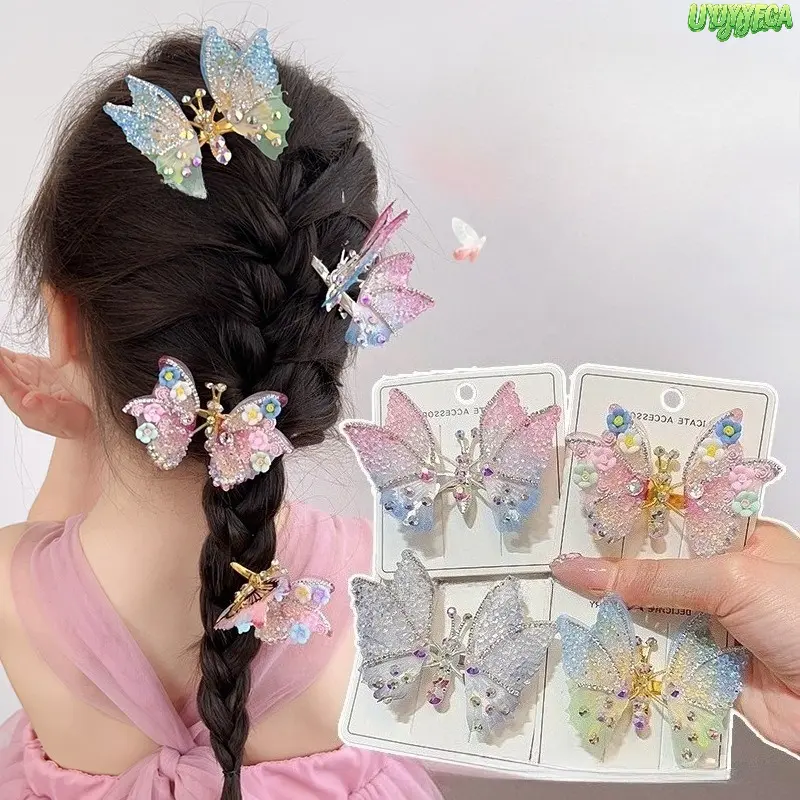 Fluttering in the Wind Butterfly Hair Clips,Moving Wing Gradient Tulle Butterfly Hair Clips,Boho Bridal Hair Decor, Heart Rhinestone Floral Dual Layer Mesh Hair Pins, Gentle Non Slip for Girls Princess Birthday Wedding Flower Girl Fairy Daily Hairstyling