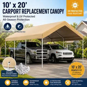 Outsunny 10x20 Carport Replacement Top Canopy Cover Waterproof UV Protected Garage Car Port Cover with Ball Bungee Cords Heavy Duty Shelter Tarp Fit Harbor Freight Frame Outside Seating Tent Cloth Beige Only Cover