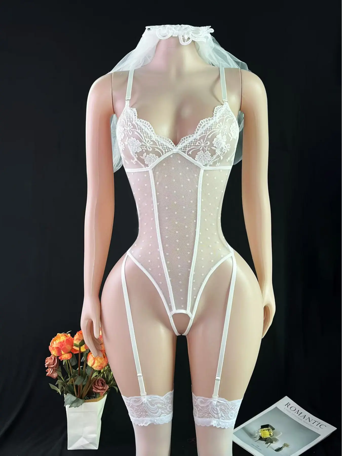 Women's Water Soluble Floral Mesh Bridal Bodysuit, Lace Spliced Sheer See-through Wedding Lingerie Sets, Underwear, Wire-Free 4-Piece Set Includes Bodysuit, Veil and Mesh Stockings, Ideal for Private Parties
