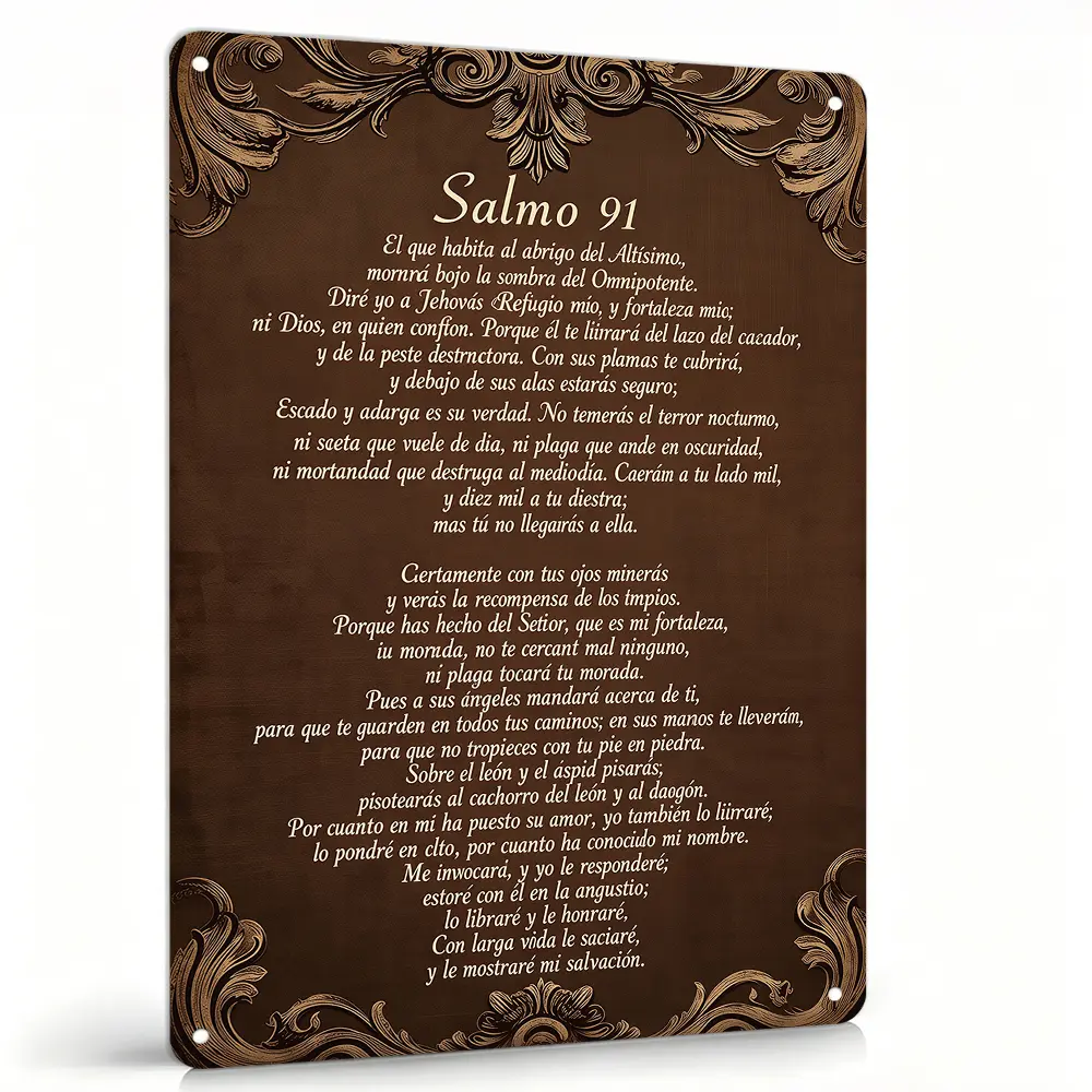 Antique Lightweight Decorative Metal Salmo 91 Spanish Bible Verse Wall Sign, 8x12 Vertical Dark Brown Floral Aluminum Religious Plaque, Waterproof Indoor-Outdoor Christian Faith Ornaments Home Decor Gift