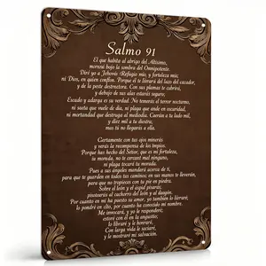 Antique Lightweight Decorative Metal Salmo 91 Spanish Bible Verse Wall Sign, 8x12 Vertical Dark Brown Floral Aluminum Religious Plaque, Waterproof Indoor-Outdoor Christian Faith Ornaments Home Decor Gift