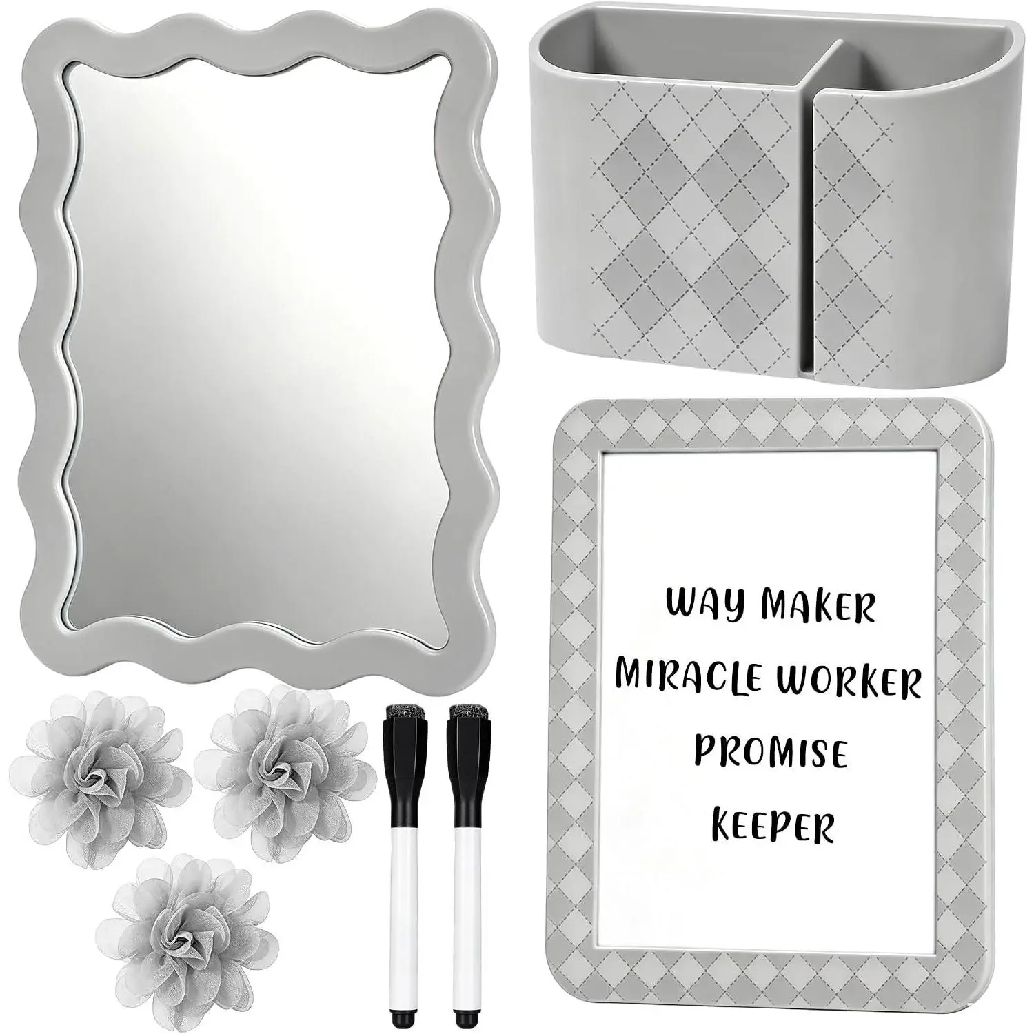 8 count Gray Locker Accessories Kit for Girls with  Mirror Whiteboard Pen Holder Flower  Cute Aesthetic Locker Decoration Set for School Dorm Office Organization