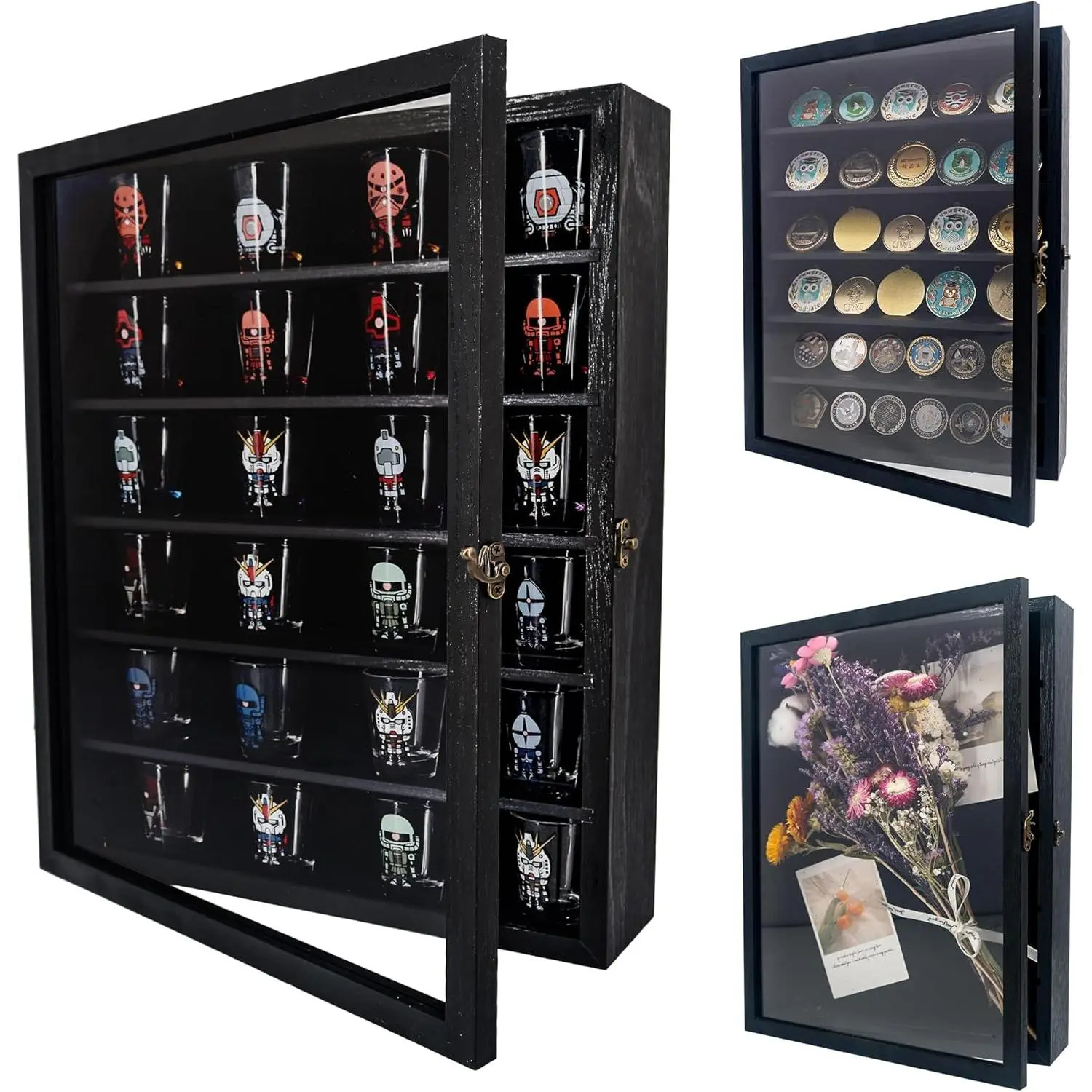 Shadow Box Frame Display Case 12x16 with Removable Shelves, Deep Memory Box Trinket Knick Knack Display Cabinet for Collectors, Ideal for Keepsake Coins Military Medals Wedding Flowers, Black