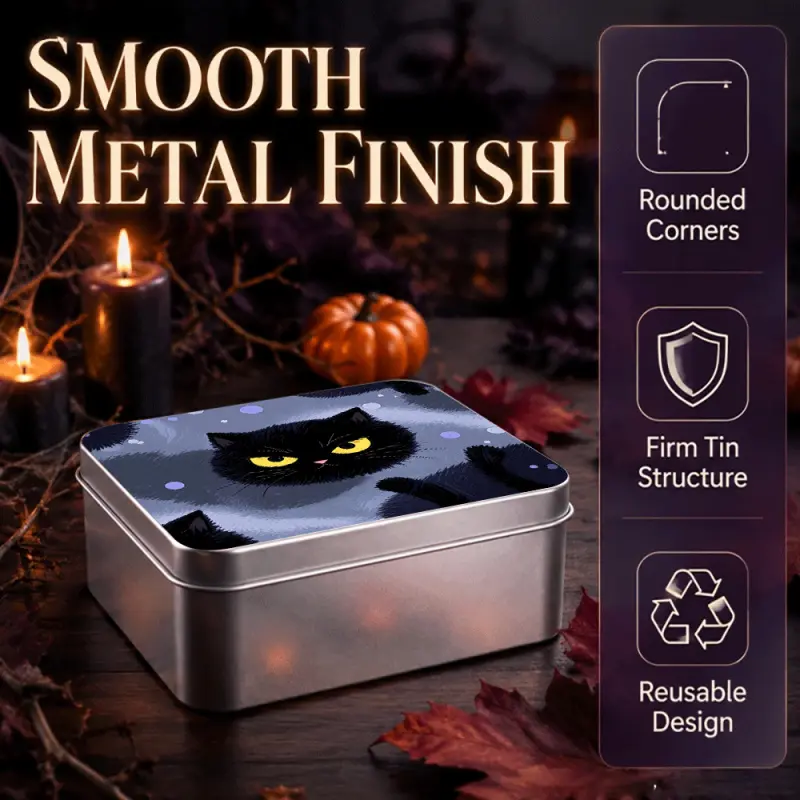 Halloween Cute Black Cat Print Metal Storage Tin Box, Smooth Rounded Corners Portable Reusable Dustproof Mini Container, Holds Candy, Stickers & Jewelry, Halloween Party Favor Gift for Family, Friends & Classmates