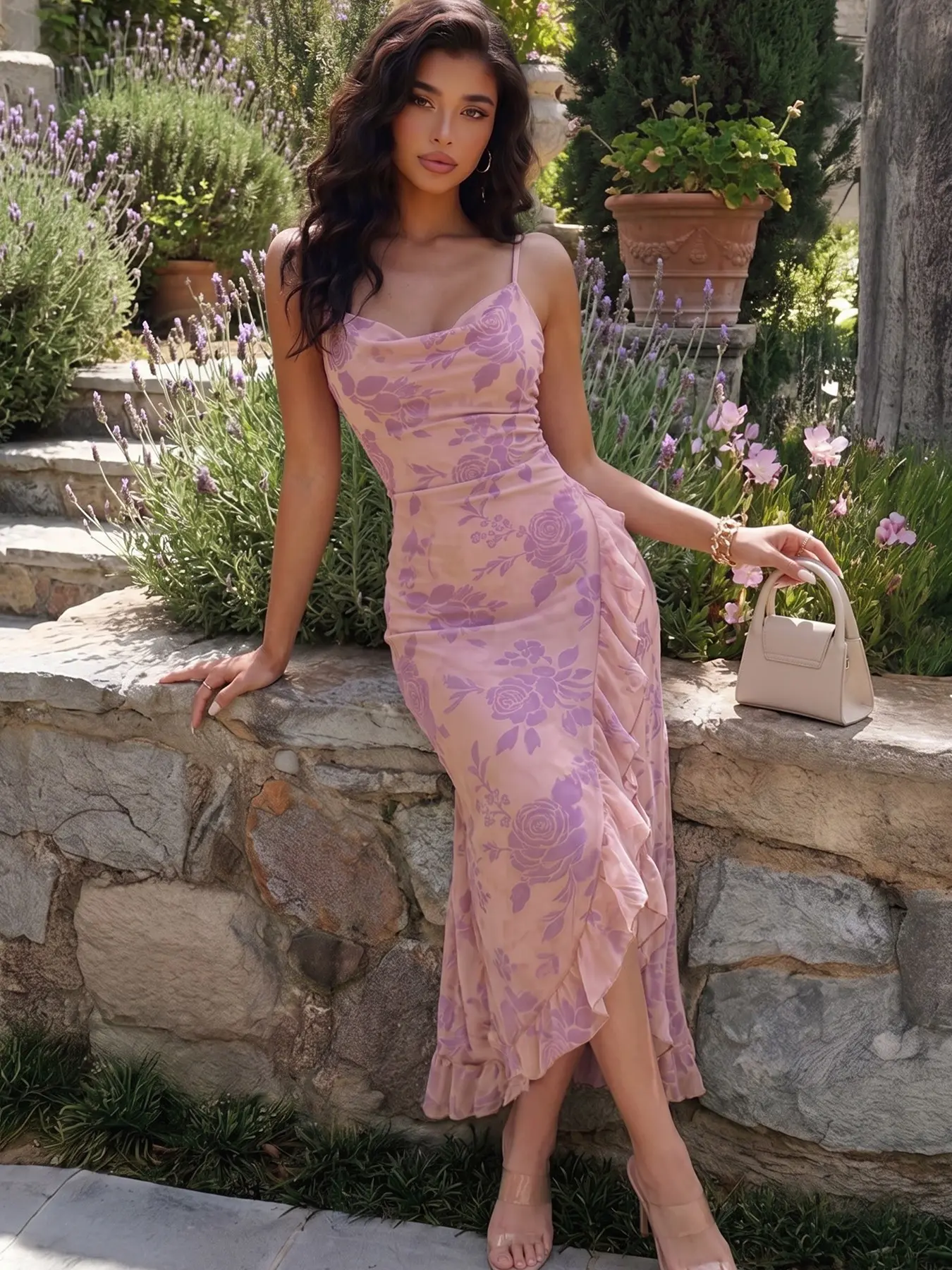 Women's Light Pink Lavender Rose Print Cowl Neck Thin Strap Midi Slip Dress, Soft Chiffon Ruffle High Split Ruched Waist Backless Dress For Summer Garden Beach Party And Date Wear #springsaledeals2026 #vacationdress #womensfashion #frenchstyle
