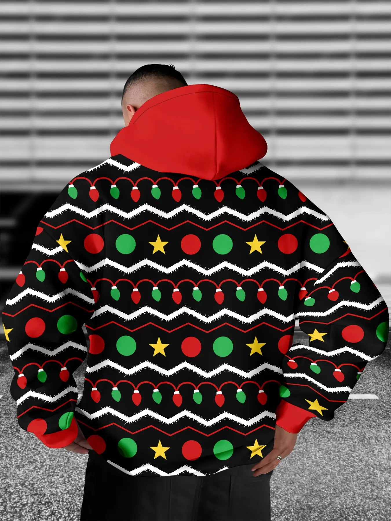 Men Drawstring Pullover Hoodie, 2026 Christmas Light Star Chevron Full Print Sweatshirt, Long Sleeve Holiday Streetwear Casual Winter Fashion Tops.