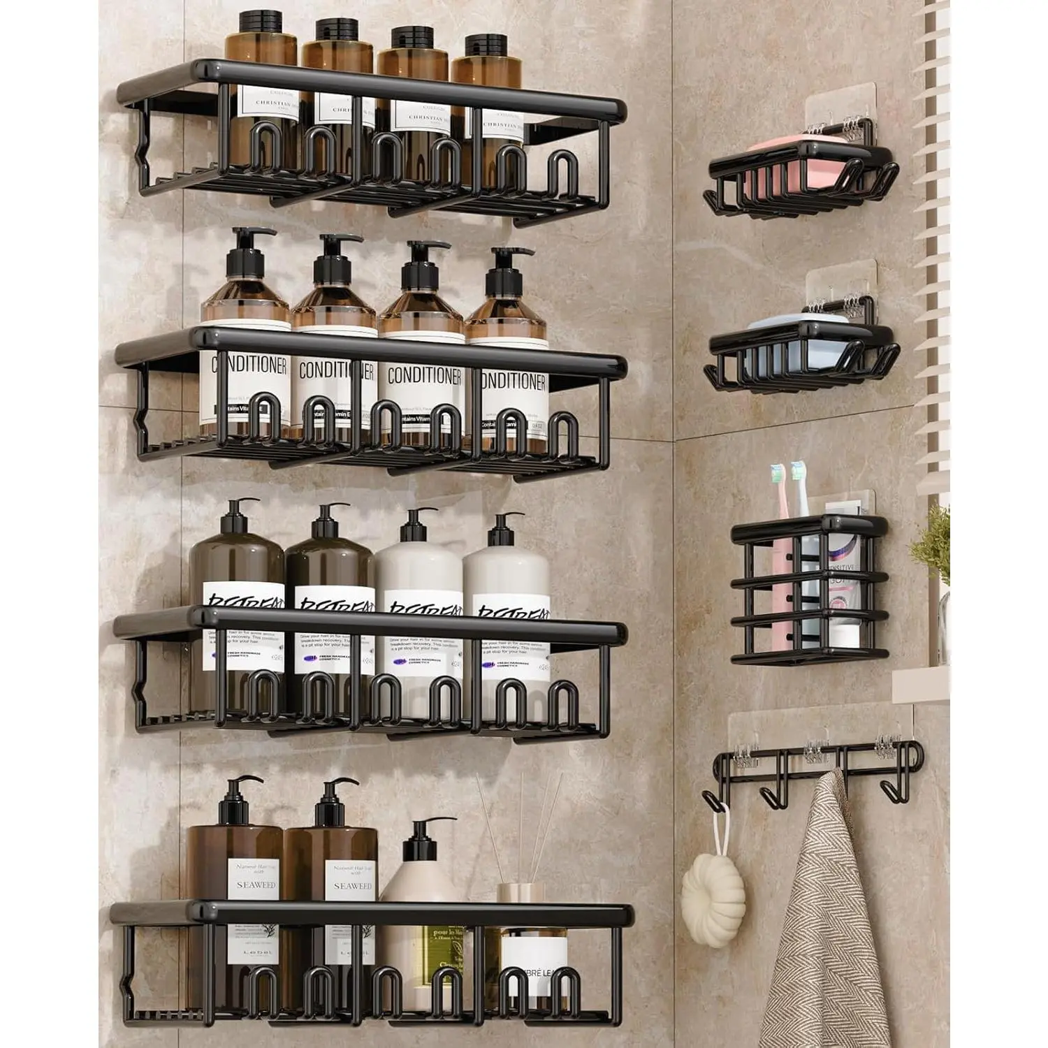 8-Pack No-Drill Adhesive Shower Caddy Set with Installation Tape - Durable Rustproof Stainless Steel Bathroom Organizer Including Hanging Shelf, Soap Dishes, Toothbrush Holder, Hooks, High-Pressure Toilet Cleaner Plunger