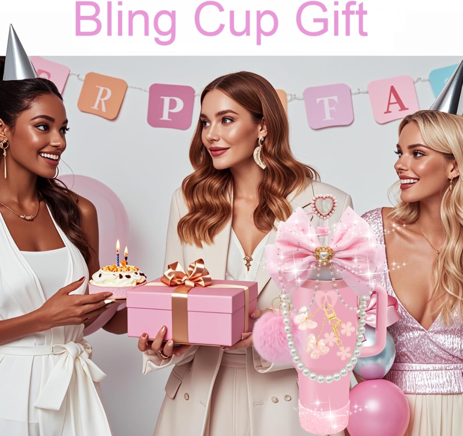 Pink Stanley Cup Accessories Kit with Glitter Bow Straw Topper Heart Cover Pearl Handle Strap Boot Pom Pom Charms for 40 30 20 Oz Tumblers