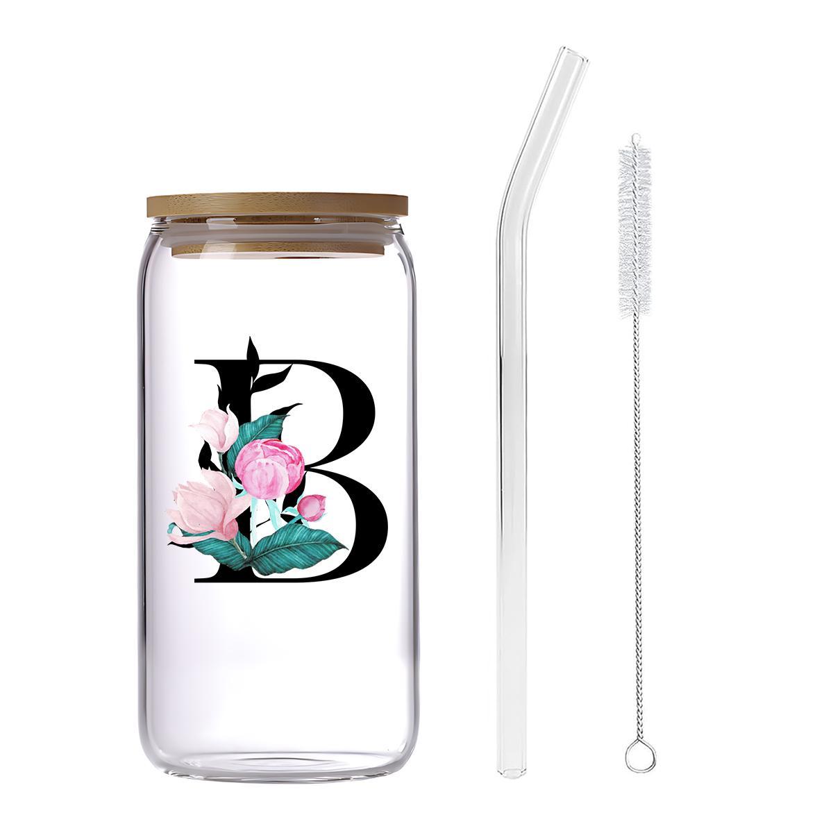 Letter & Flower Pattern Glass Cup with Straw & Brush, 1 Count 16oz Glass Cup, Drinking Cup for Home Office, Stylish Drinkware, Gift for Friend & Family