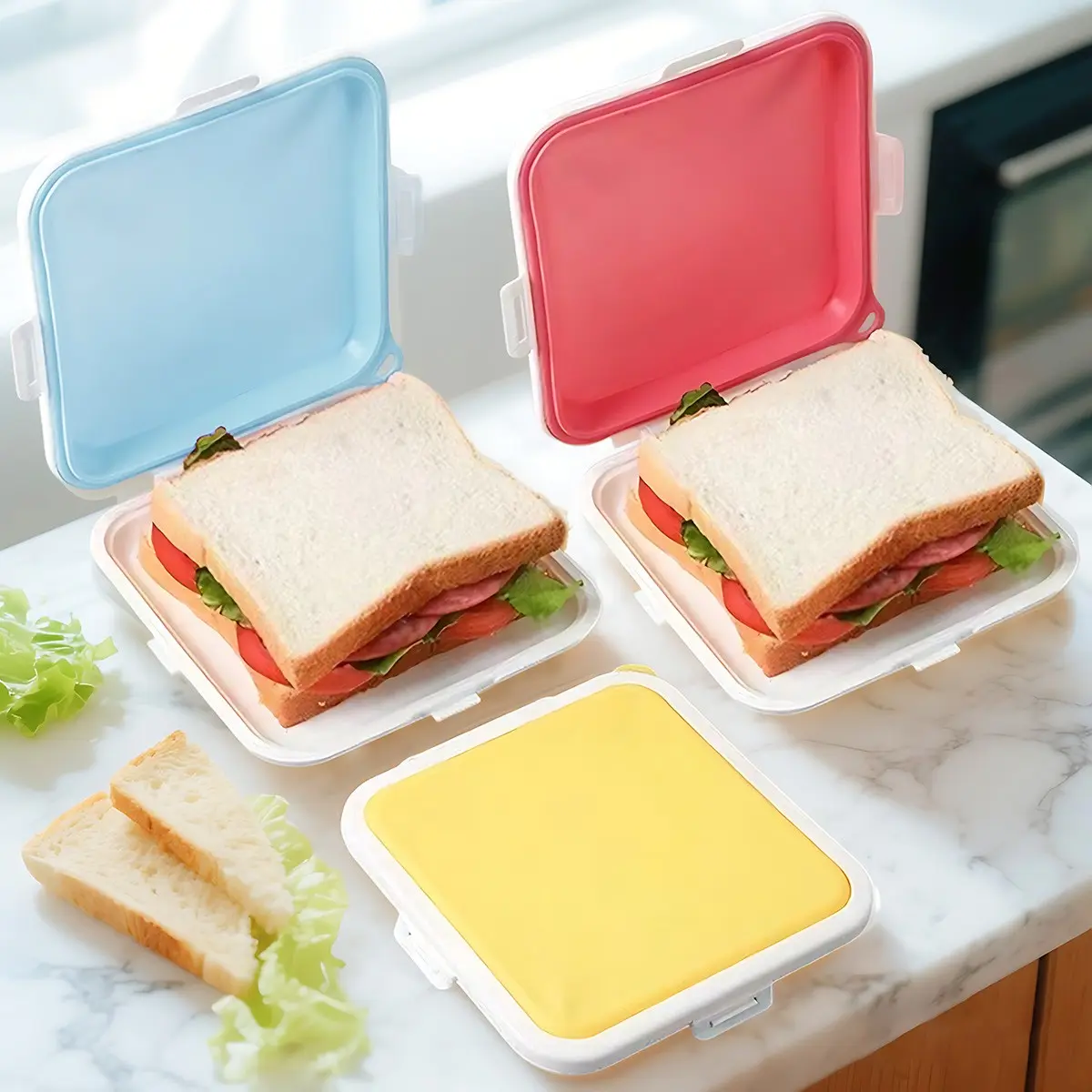 3 Pack Reusable Silicone Sandwich Storage Container with Lid, Portable Lunch Box, Bento Box for Fruit, Salad, Snacks, Food Storage Containers