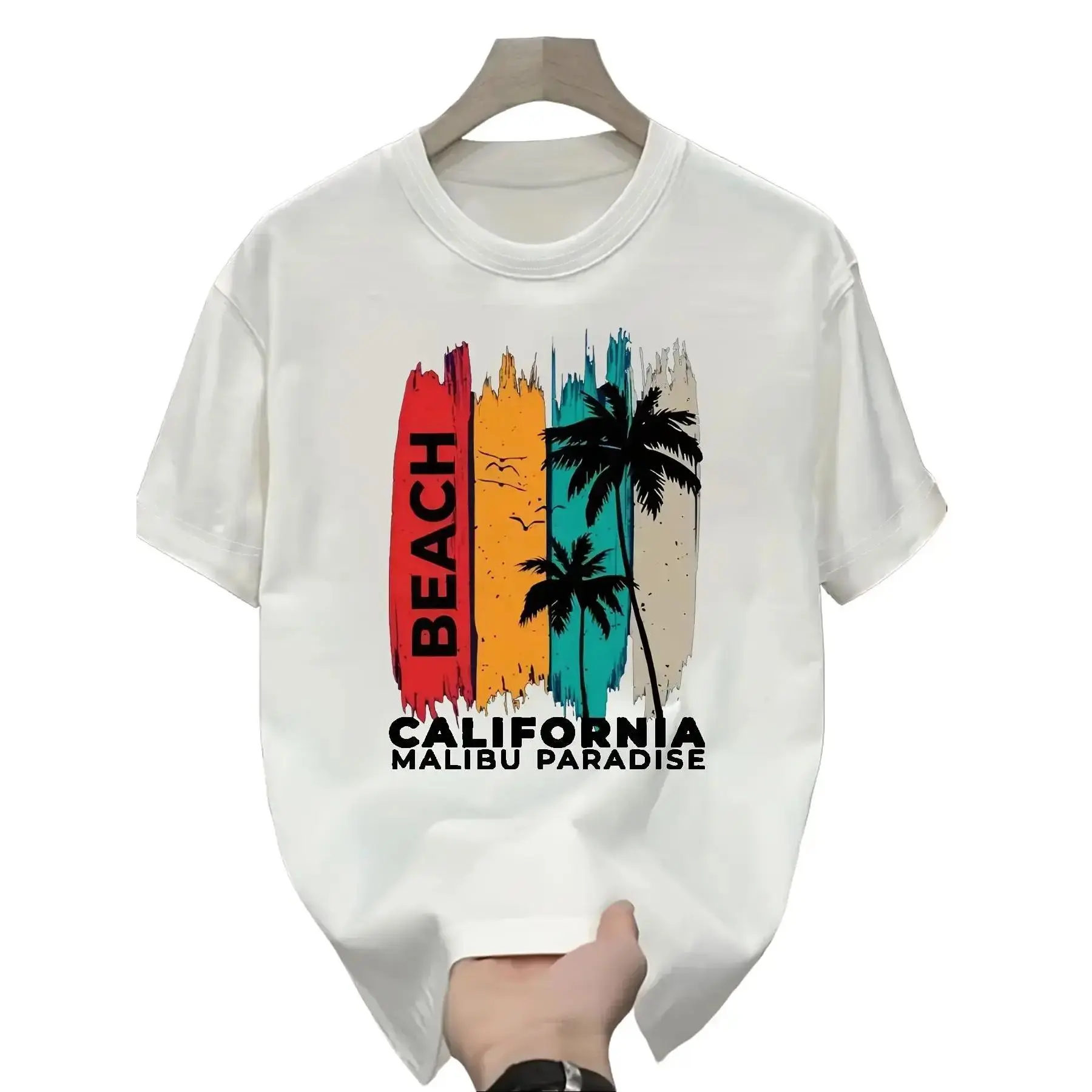 Unisex Retro Graphic T-Shirt, California Palm Tree & Seagull Print, Loose-Fitting Summer Beach Tee, Crew Neck, Sizes up to 3XL, Beach Tops, Do Not Iron On Print Area, S, Xxxxl, Short, Short Sleeve, 2Xl, Casual, Cold Wash, Minimalist, Fashion, Sporty Chic,
