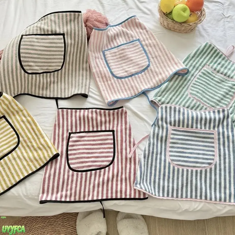 Cute Striped Color Block Coral Fleece Waist Half Apron, Super Absorbent Soft Towel Fabric Mini Cooking Apron With Front Pocket, Cottagecore Aesthetic Tie Waist Accessory For Baking Coffee Shop Prep Kitchen Cleaning Daily House Chores