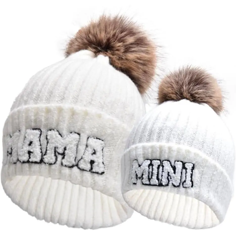 2-Pcs Parent-Child Knit Hats, Unisex Baby & Mama Cuffed Ski Caps with Cuff Detail, Embroidered Text, Pom Pom Top, Winter Warm Knit Fabric Baby Bonnets (New Model)