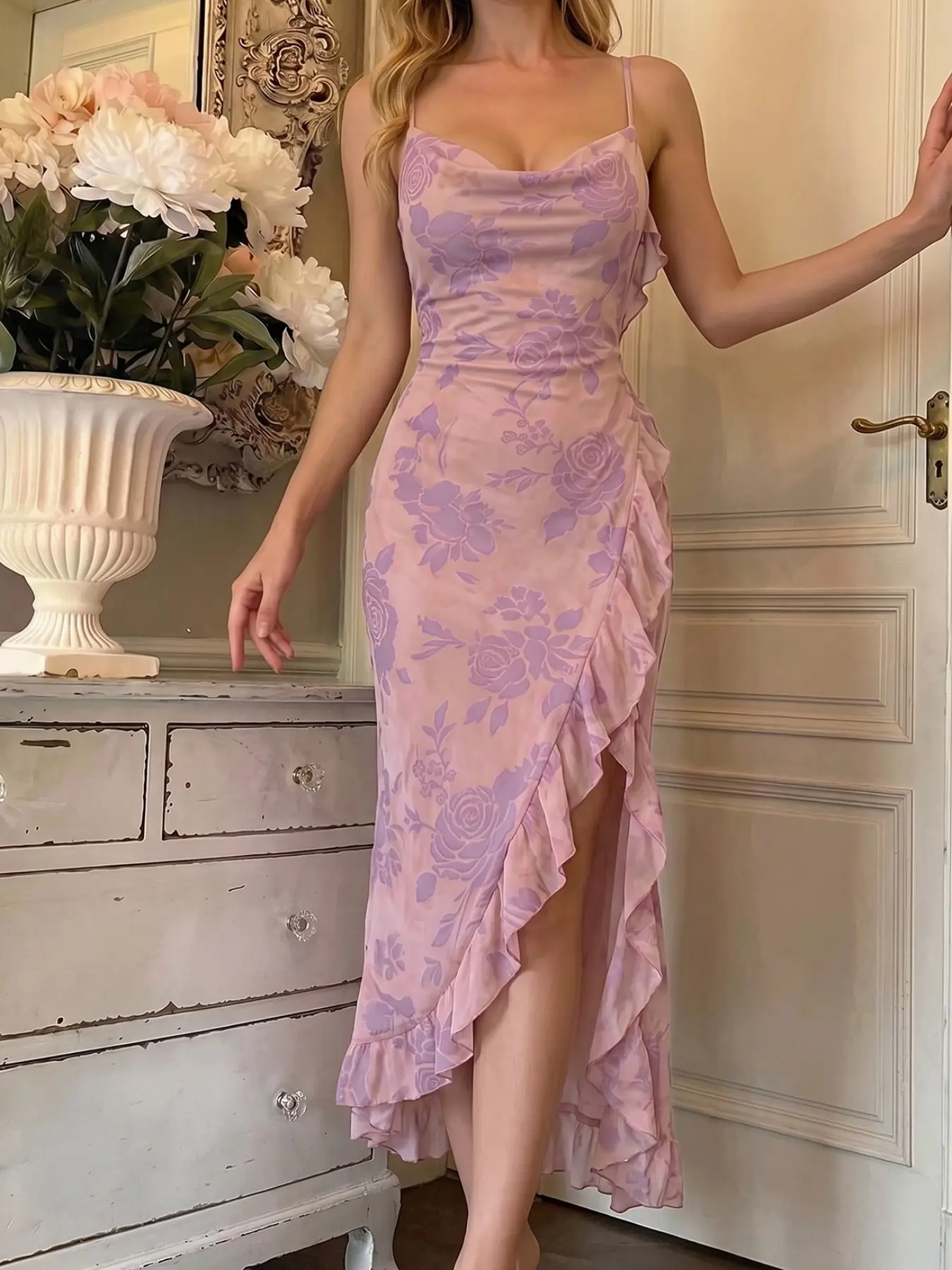 Women Pink Purple Floral Cowl Neck Ruffle Slit Midi Slip Dress, Soft Lightweight Skin-Friendly Fabric, Summer Style; For Daily Wear, Shopping, Commute, Date, Party, Beach Vacation & Short Trips