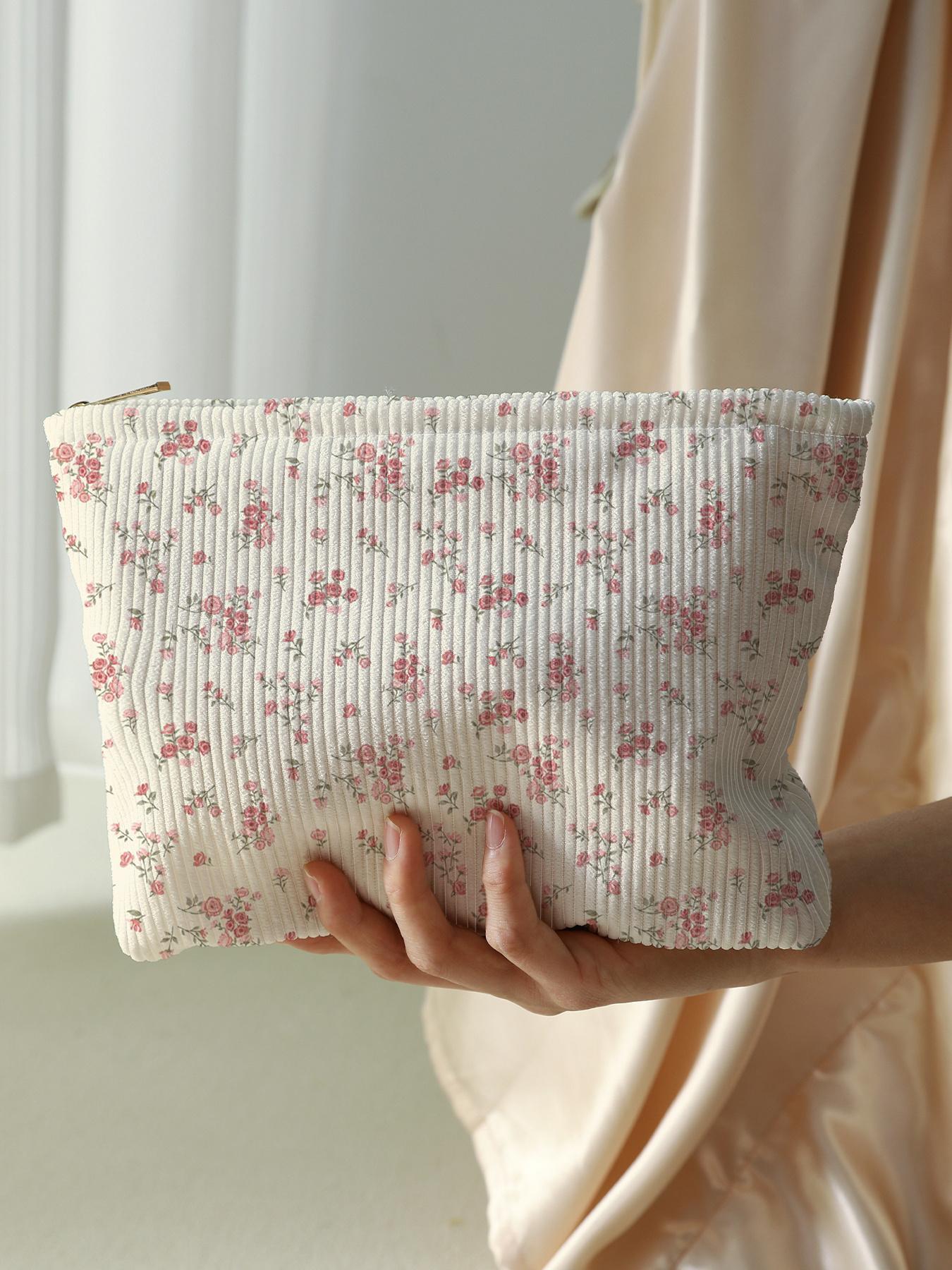 Ditsy Floral Pattern Makeup Bag, Casual Fashion Corduroy Zipper Makeup Bag for Travel, Versatile Storage Bag for Women & Girls, Makeup Organizer Pouch