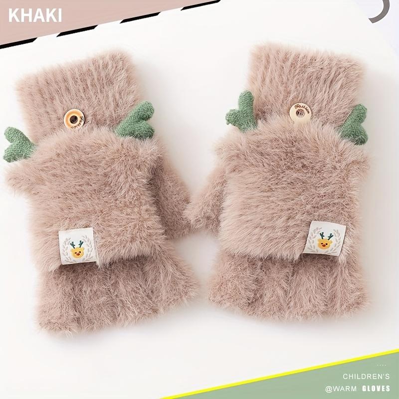 1 Pair Kids Gloves Winter Warm Thickened Flip Gloves Writing Open Finger Girl Plush Half Finger Gloves Cute Cartoon Winter Boy Five Finger Gloves Suitable for Daily Wear Outing Suitable for Children Aged 3