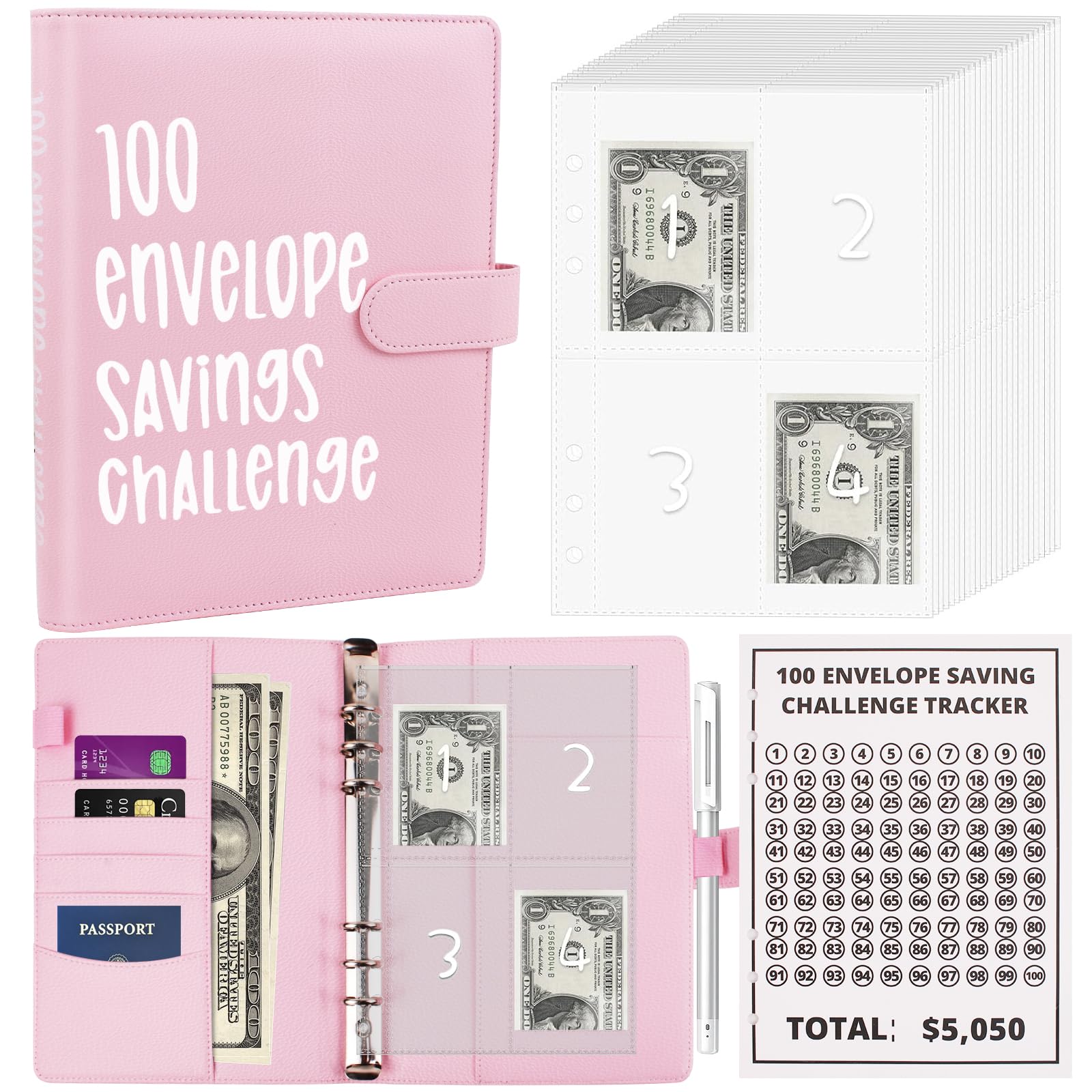 100 Envelopes Money Saving Challenge - A5 Money Saver Budget Binder Book with Cash Envelopes and Numbers, 100-Days of Easy and Funny Ways to Save $5,050 Cash Envelope Challenge Binder, Pink