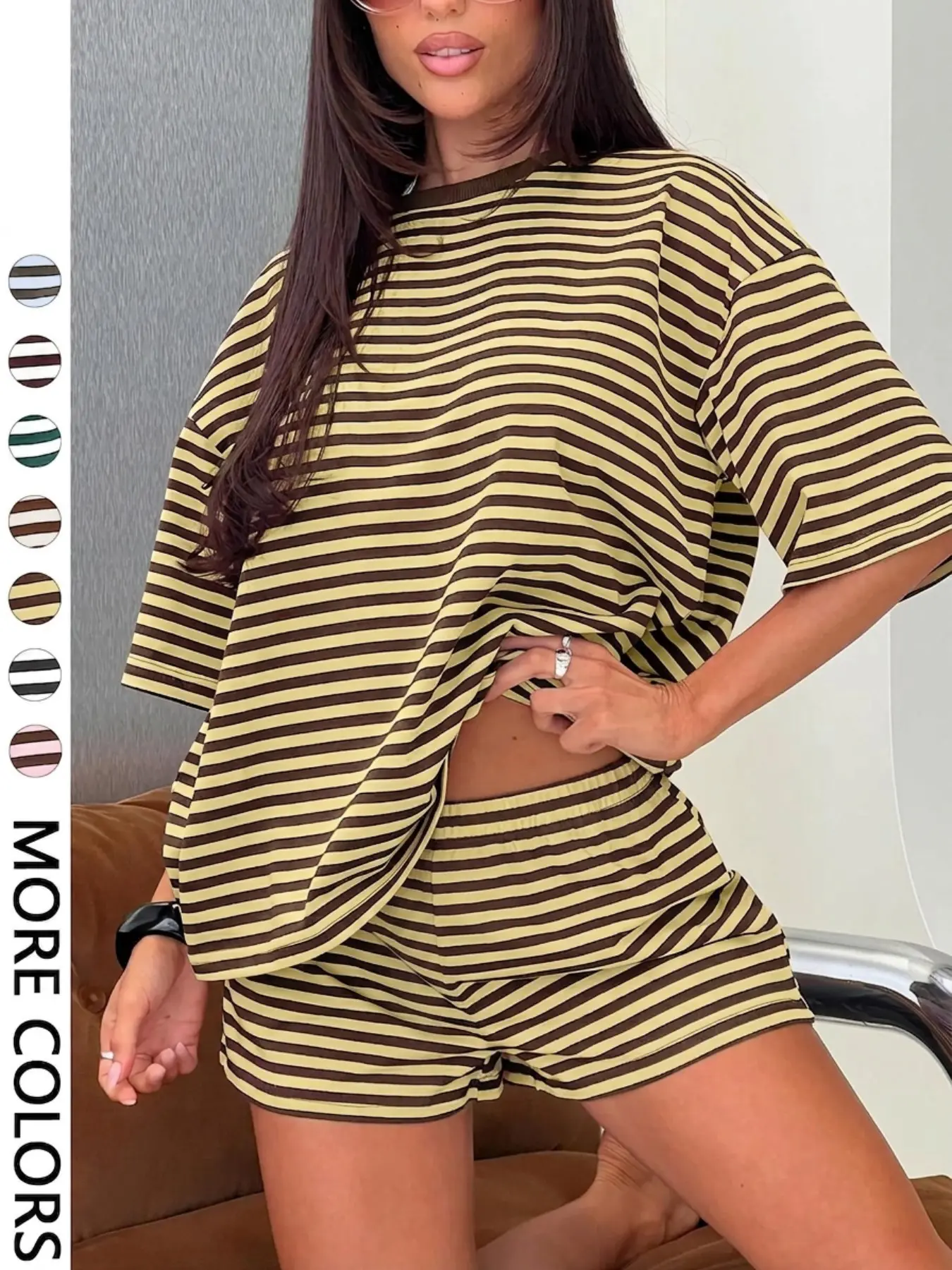 Womens Two Piece Outfits Multi Color Stripe Short Sleeve T Shirt Shorts Clean Girl Aesthetic Preppy Style American Casual College Girls Loungewear Daily Wear Afternoon Tea Street Outing Back To School Fashion Apparel