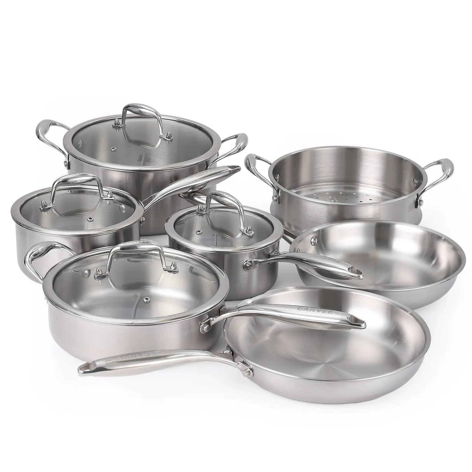 Tri-Ply Stainless Steel Pots and Pans Set 11 PC, Tri-Ply Induction Pots and Pans with Glass Lids, Professional Kitchen Set with Frying Pans, Saucepans & Steamer, Oven & Dishwasher Safe (Silver)