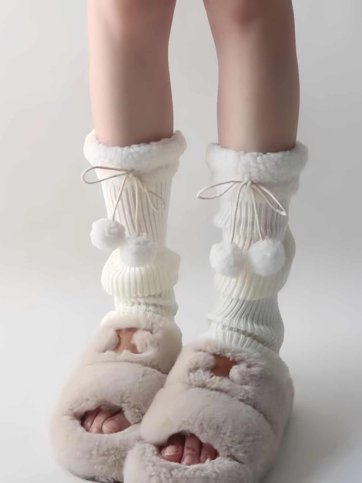 JK Leg Heaters Knitted Lamb Plush Ball Sock Lolita Thickened Winter Warm Socks Foot Cover Woolen Ball Stocking Women Leg Warmers