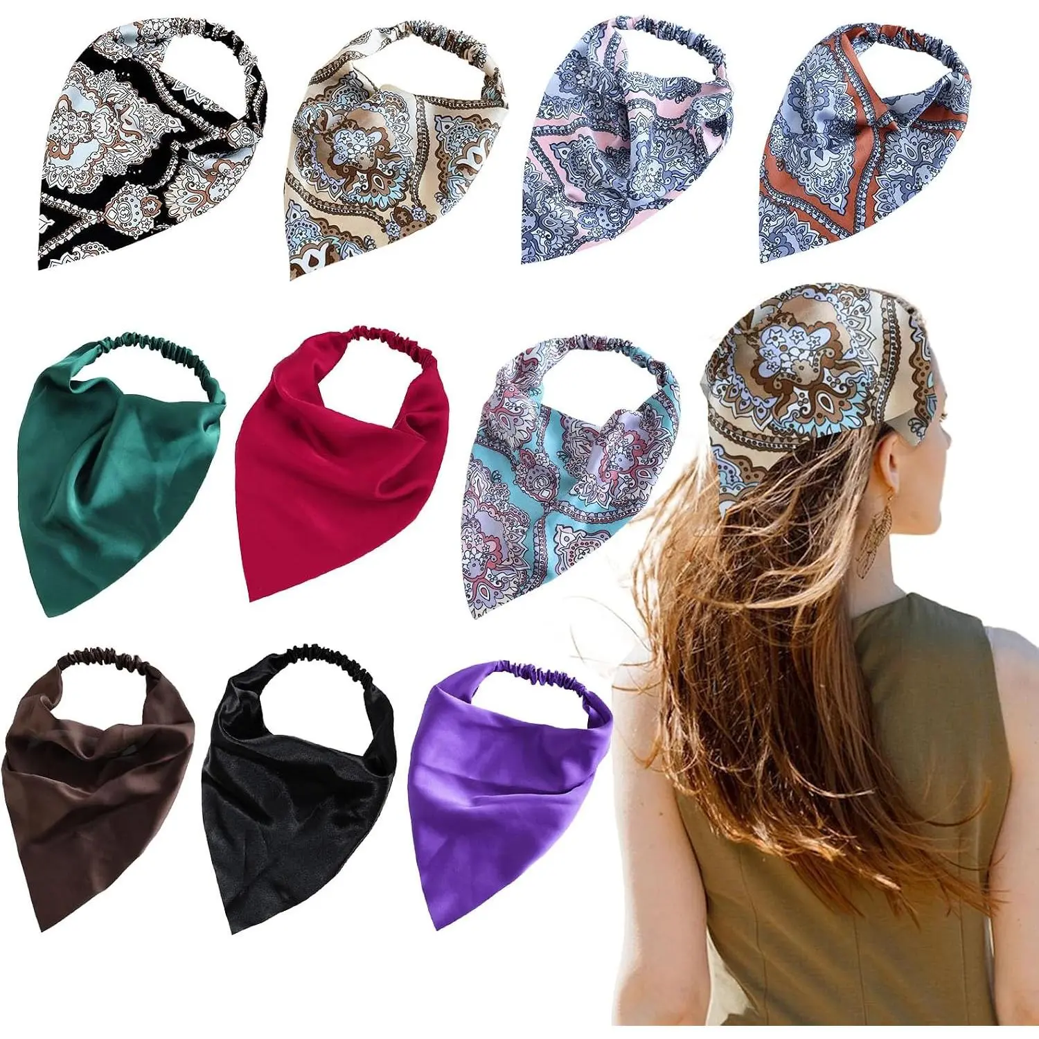 10 count Hair Scarf Headband for Women, Classic Floral Print Triangle  Bandanas, Elastic Boho Chiffon  Scarf