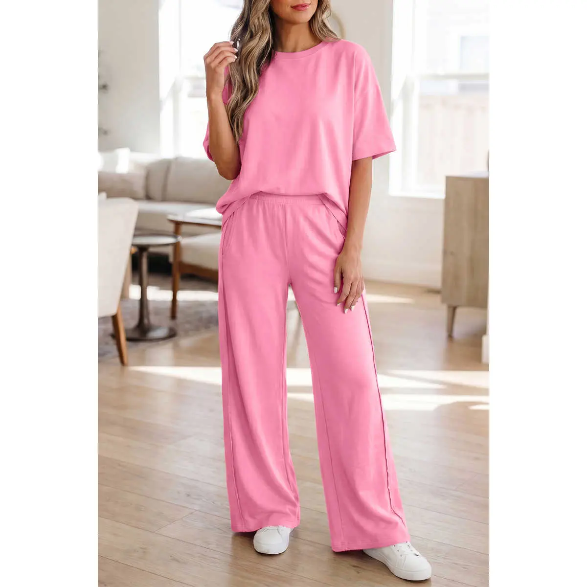 Sachet Pink Solid Cover Oversize Tee Pocketed Casual Pants 2pcs Outfit