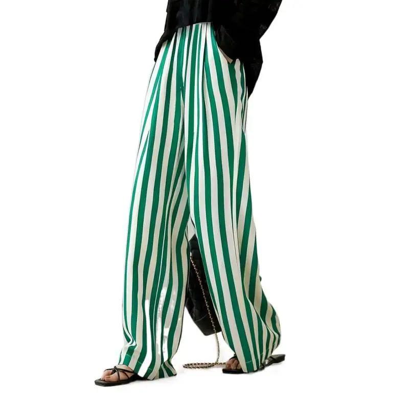 Korean-style vertical striped wide-leg pants women, high-waisted, loose-fitting, casual, floor-length trousers that give a slimming appearance