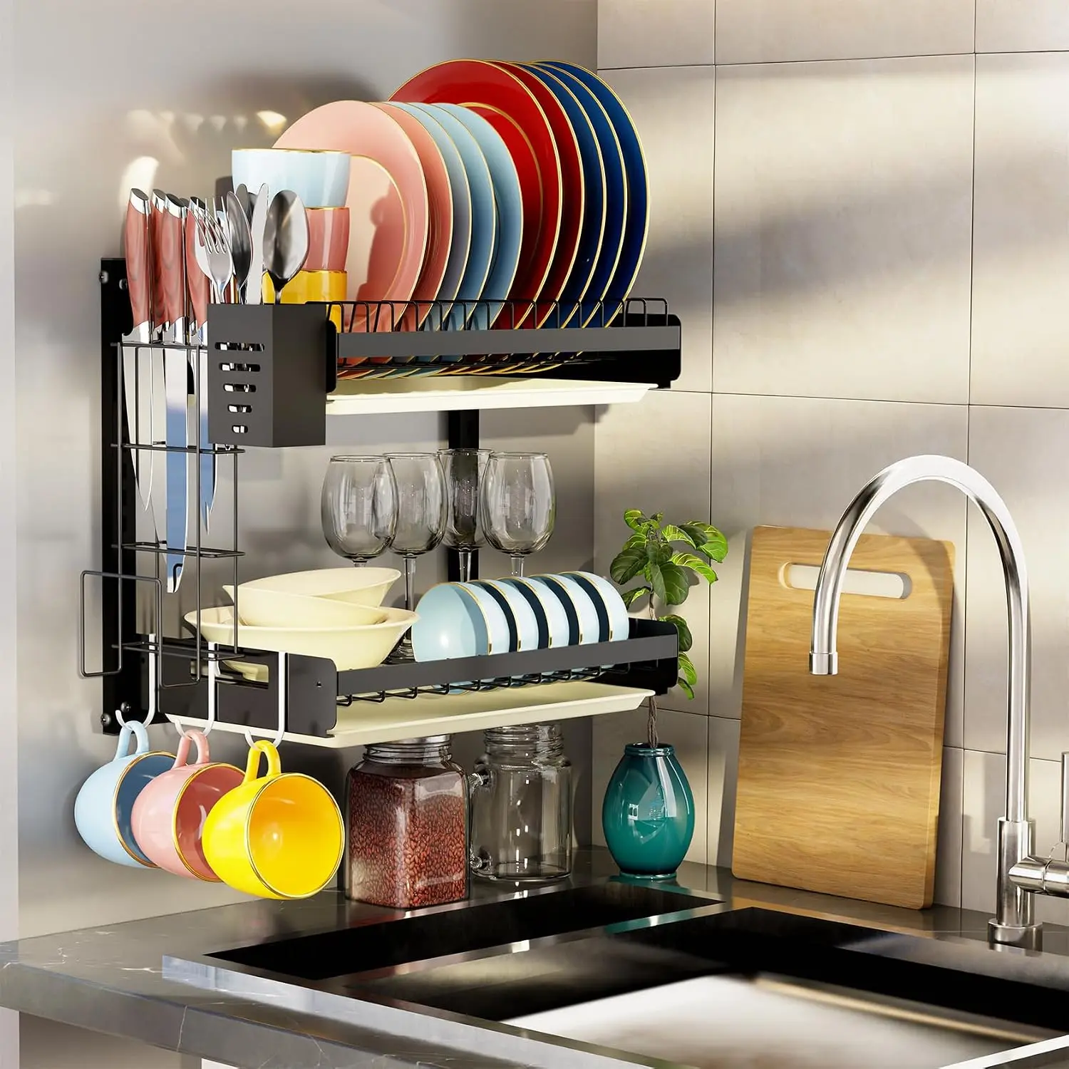 Wall Mounted Dish Drying Rack,  Board Rack*1, Hook*4, Drain Tray*2, Apartment & RV Wall Mounted Dish Rack, Small Kitchen & Clean Countertop Solution, 2 Layers & 16“ long, Black