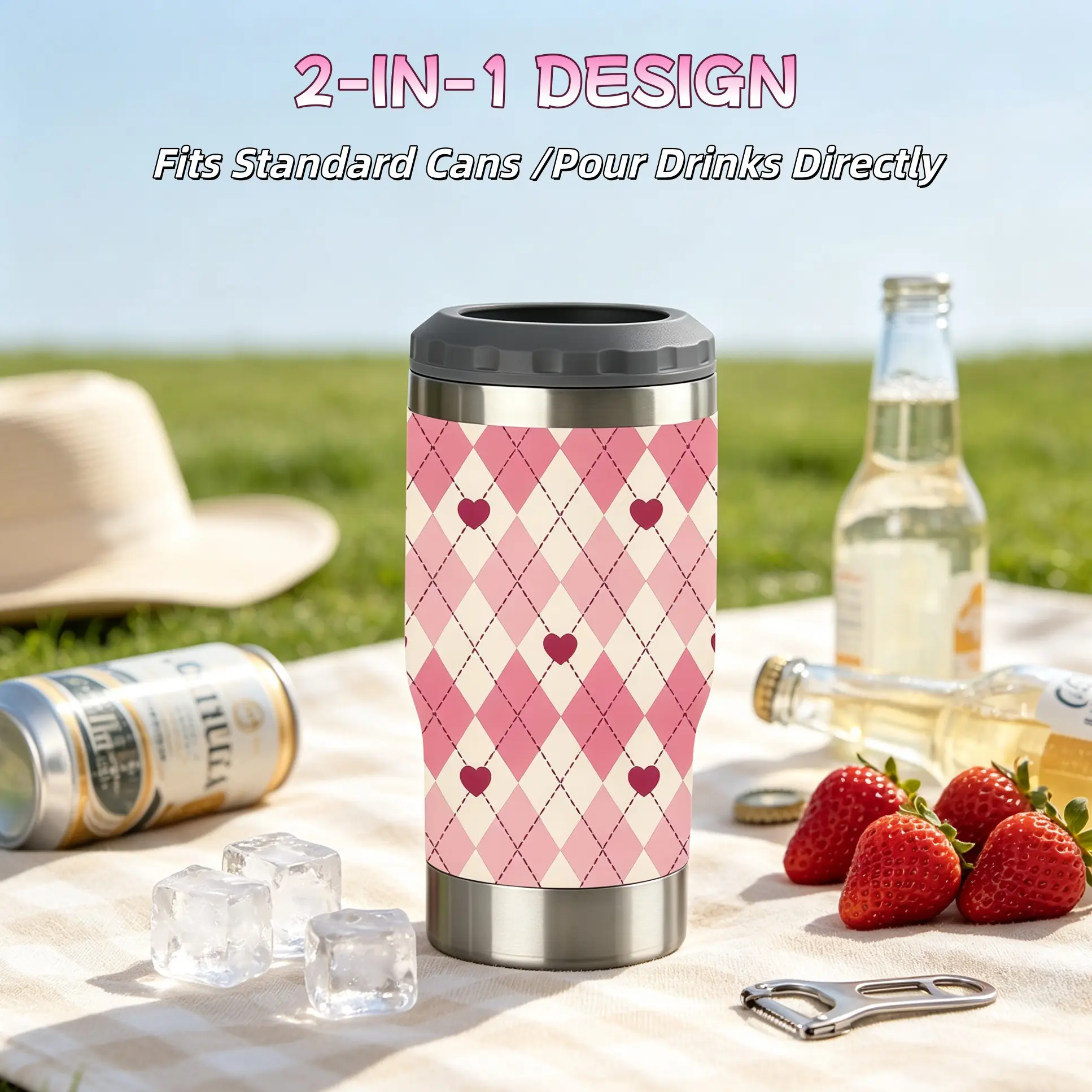 14oz Stainless Steel Can Cooler with Bottle Opener, Pink Argyle Heart Pattern Insulated Tumbler, Dual Use Beer Can Holder for Car Camping, Valentine's Day Gift for Women Best Friends
