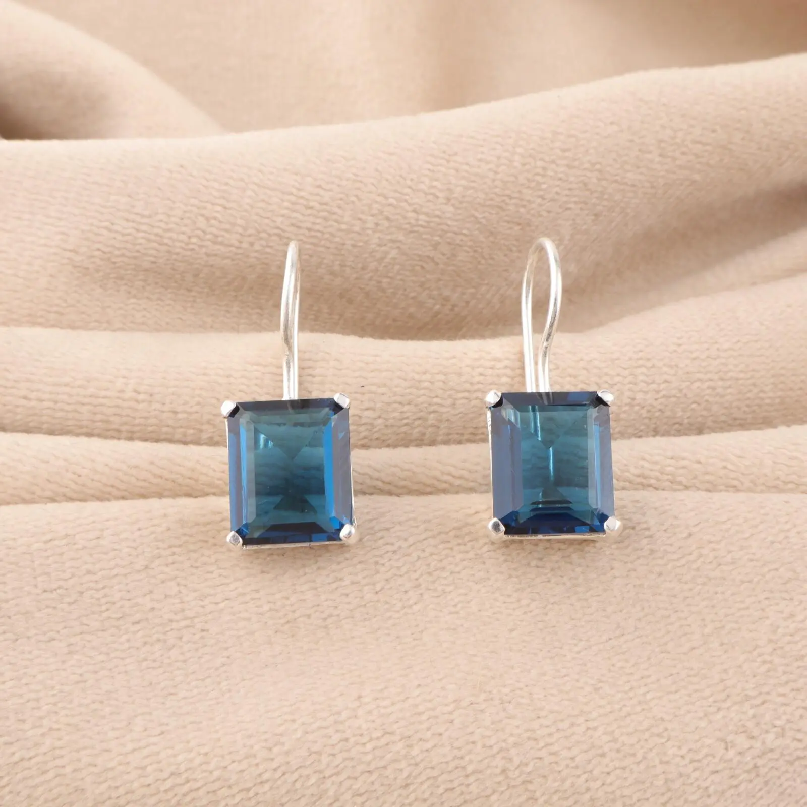 Natural London Blue Topaz Gemstone 925 Sterling Silver Handmade Earrings 1.06"