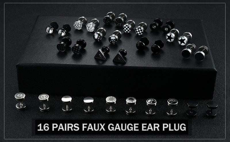 FIBO STEEL 16 Pairs Stainless Steel Stud Earrings for Men Women Fake Gauge Earrings Cheater Faux Gauges Ear Tunnel 8mm 18G 6.5mm Durable Comfortable