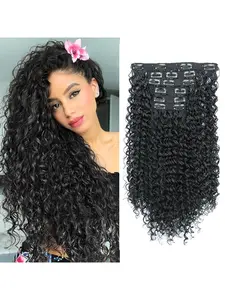 26 Inch Natural African Kinky Curly Clip-In Hair Extensions, High Heat Fiber Full Head Set, 155g 6 Pieces, Women's Daily Wear