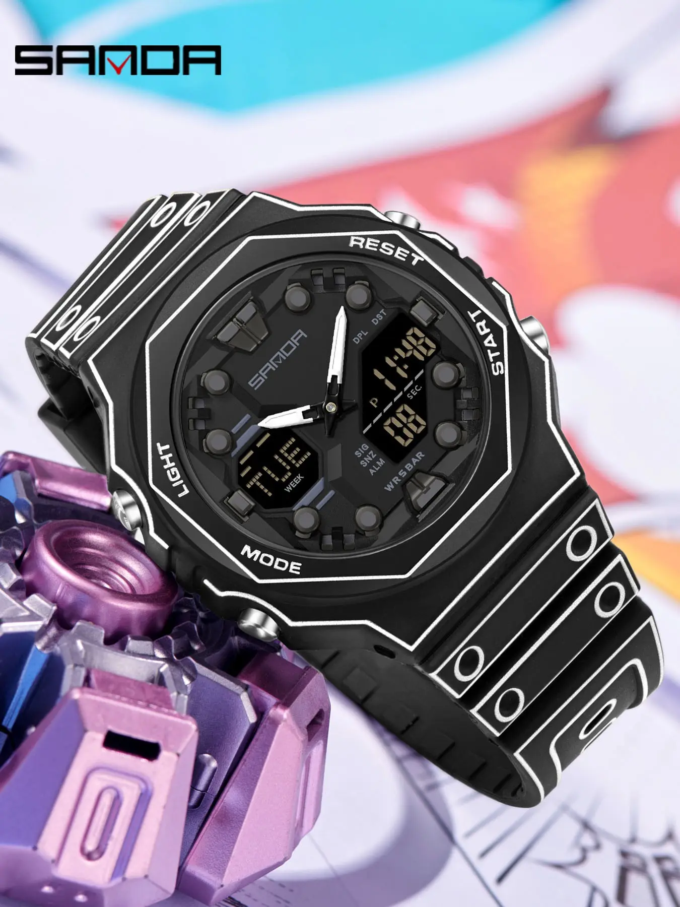 Men's Casual Sports Watch, Analog-Digital Quartz Movement, Rectangle Face, Night Light, Outdoor Fashion, 54mm Abs Case, All Seasons