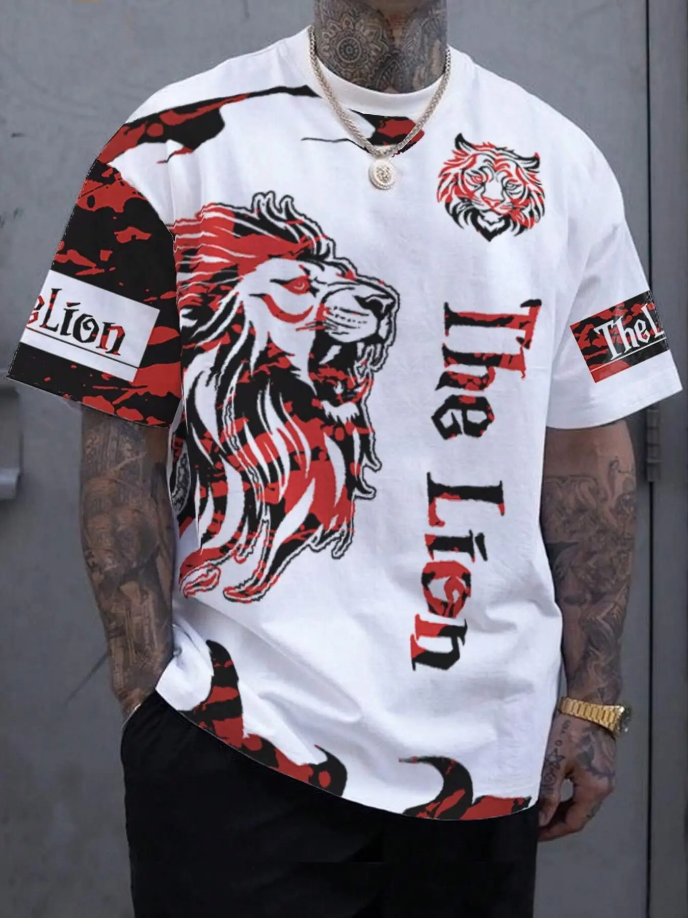 Men's Lion Pattern Letter Print Short Sleeve T-Shirt, Outdoor Sports Top, Soft Comfortable Breathable Fabric, All Seasons Casual Wear