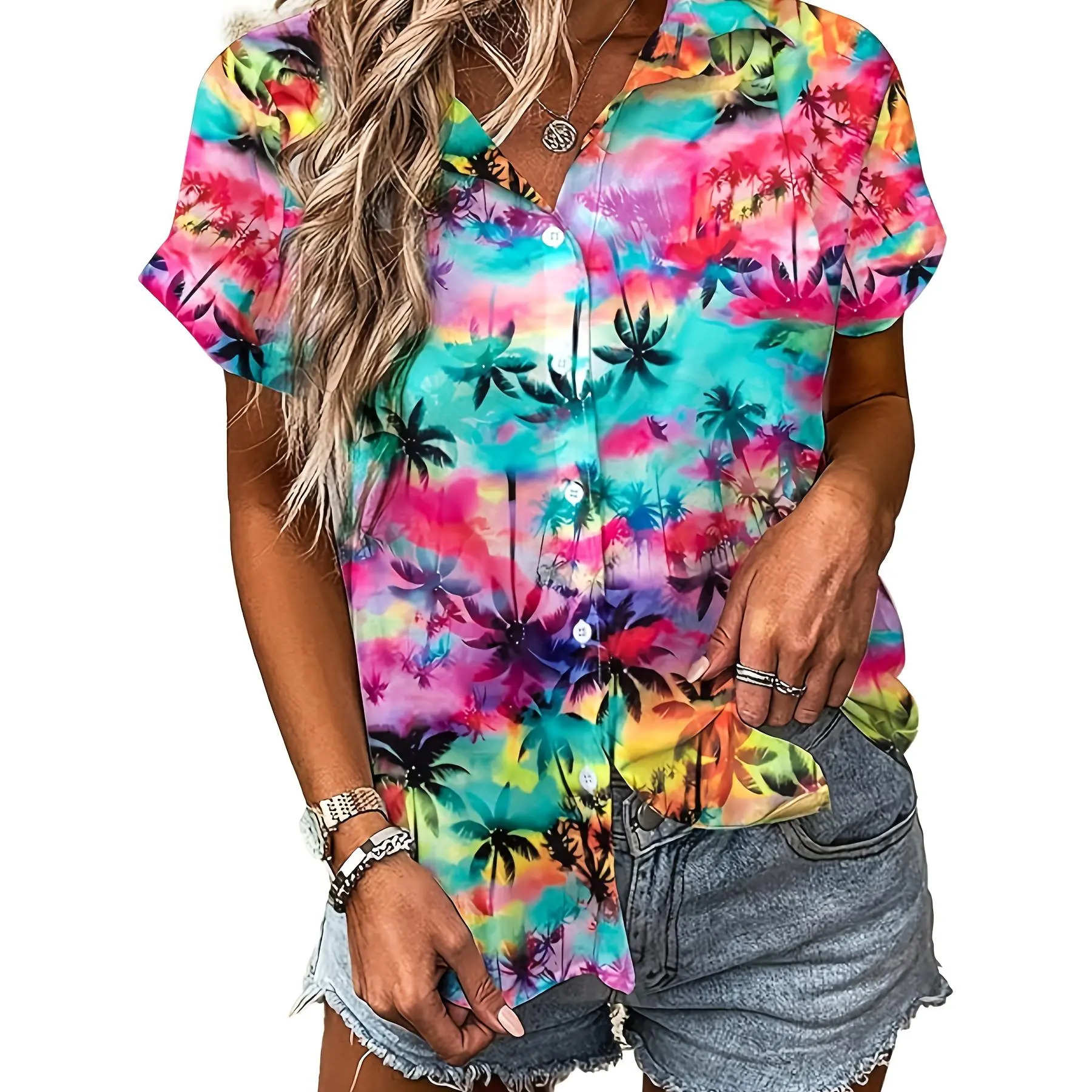 Women's Casual Short-Sleeve Button-Down Hawaiian Blouse - Lady's Vibrant Palm Tree & Bright Floral Prints, Lightweight Denim Loose-Fit Collared Top, Vacation Beach Outfit, Blouses for Women
