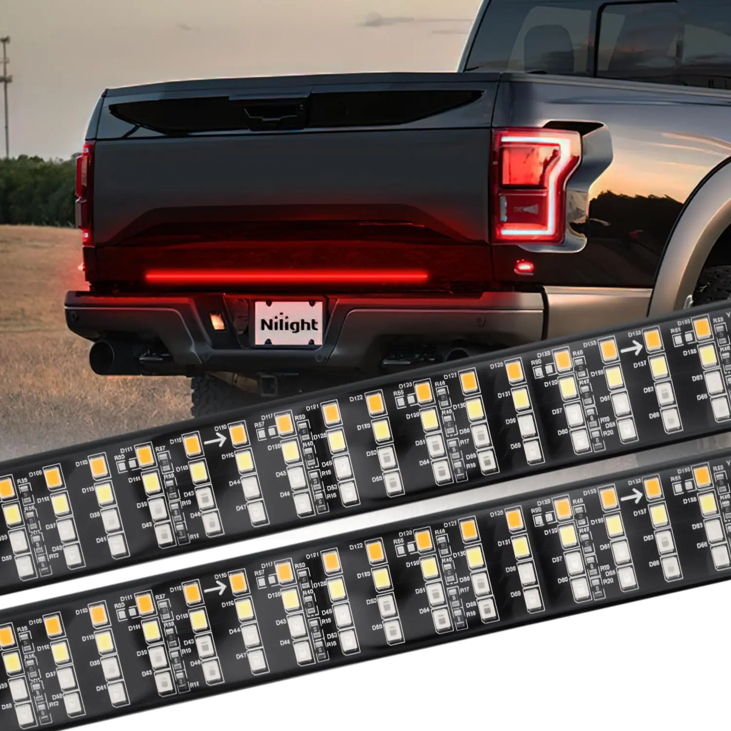 Nilight Truck Tailgate Light Strip 48 Inch Quad Row 528 LED Strip with Red Running Brake Lights White Reverse Lamp Amber Turn Signals Lights