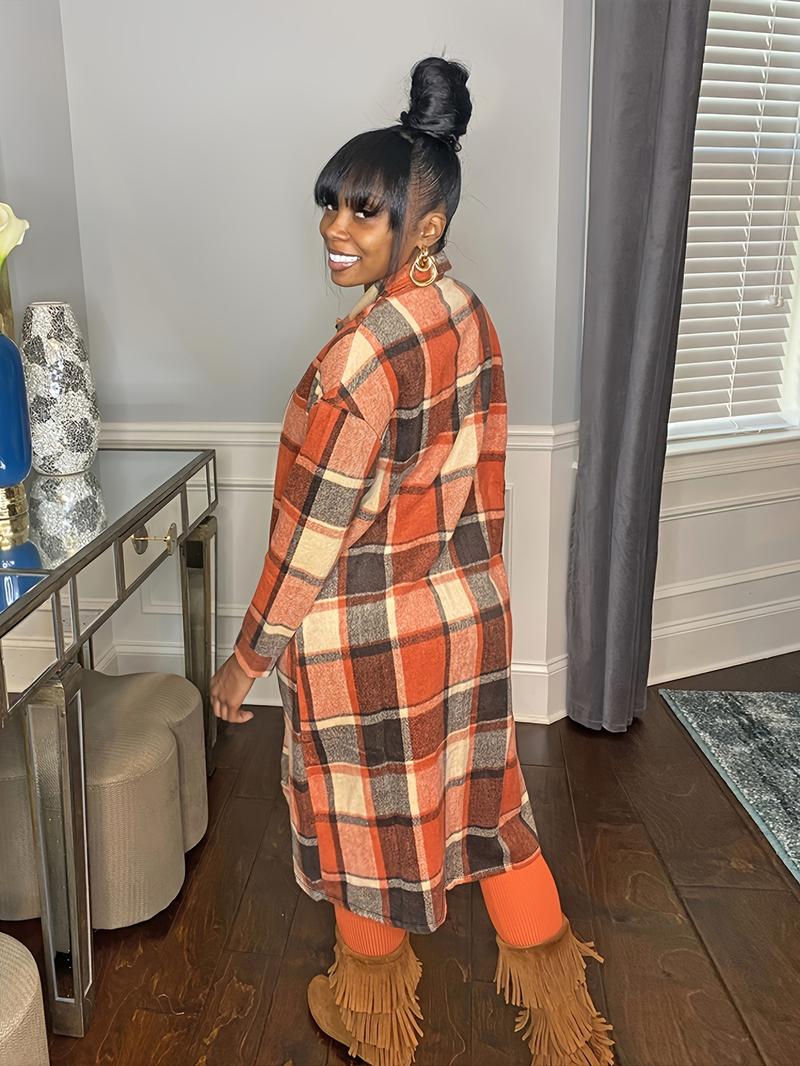 Women's Plaid Print Button Front Split Hem Overcoat Jackets, Casual Drop Shoulder Long Sleeve Collared Coat for Fall & Winter, Women's Clothing for Daily Wear