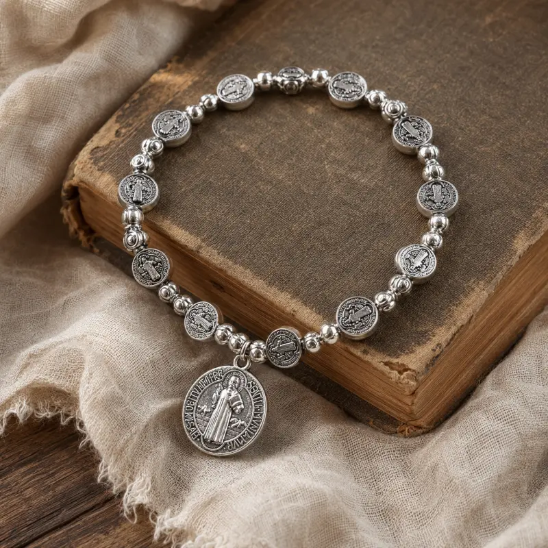 Silver-Tone Saint Medal Charm Bracelet for Women, Vintage Beaded Religious Bracelet with Round Coin Accents and Pendant Charm, Faith Jewelry Gift for Daily Wear