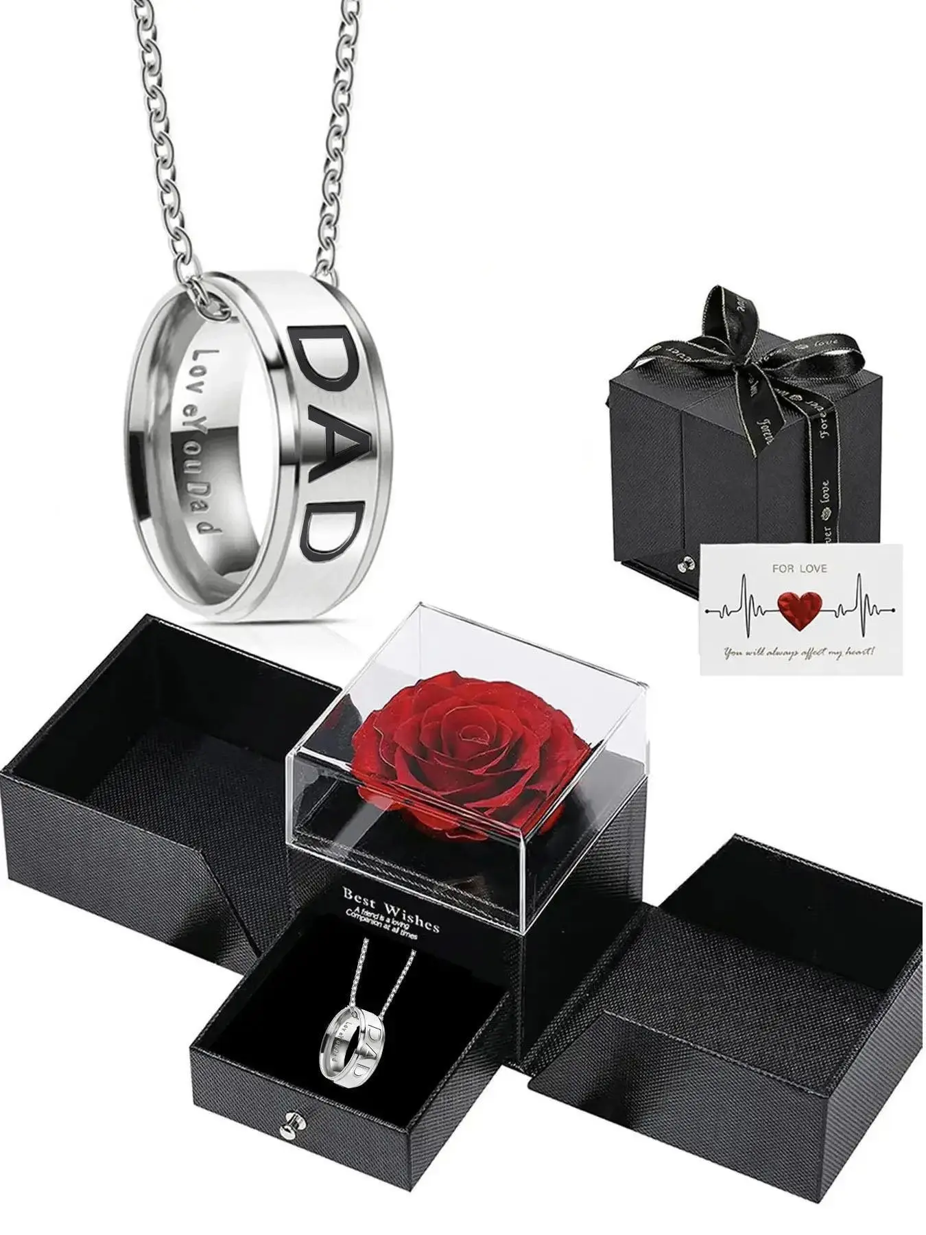 Father's Day Gift Superhero Dad Engraved Ring Necklace, Four Colors Available, Stainless Steel Pendant, Rose Box Included