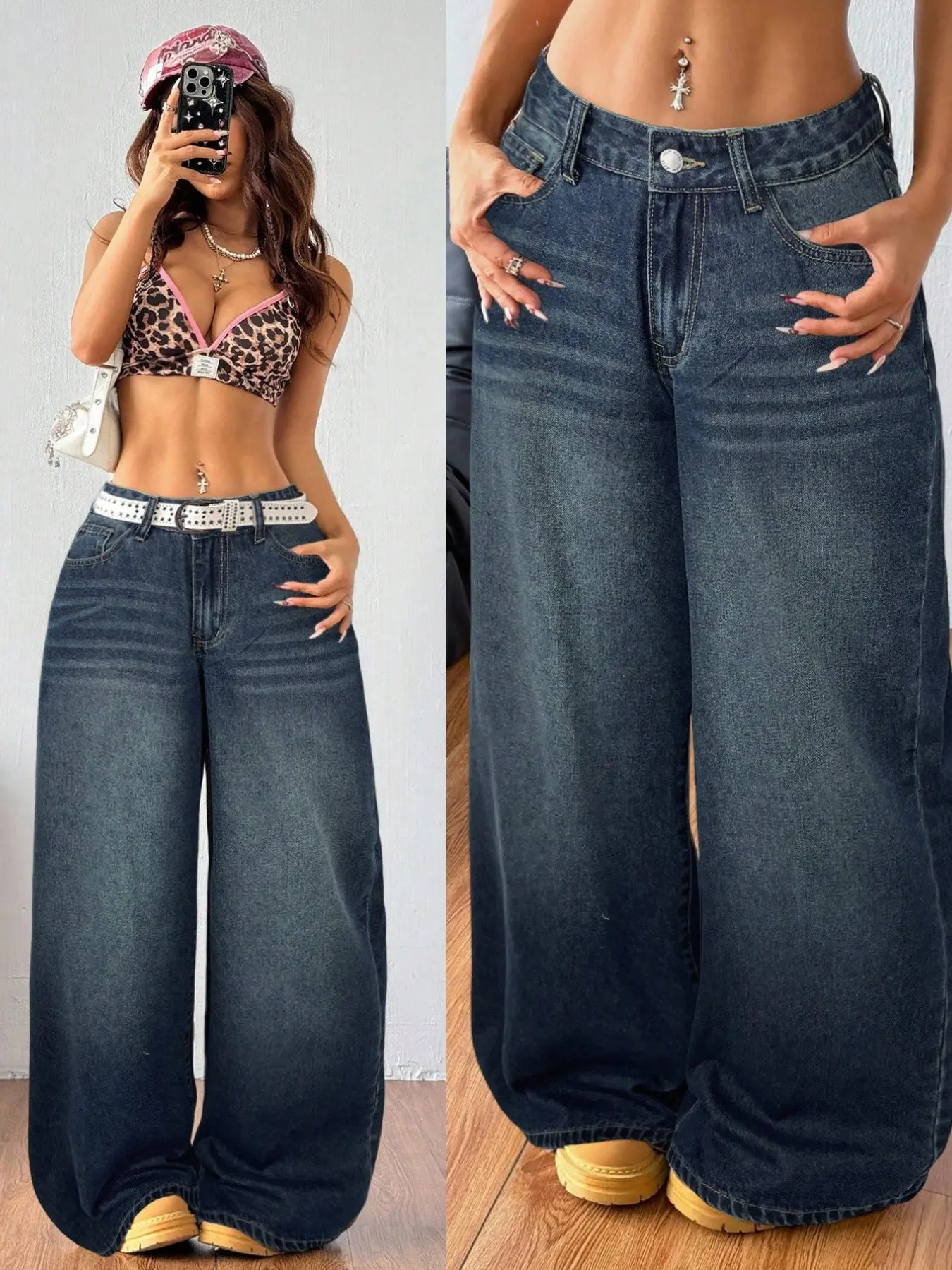 Women's Plain Pocket Casual Loose-Fit Wide-Leg Jeans, Winter Unlined Pants, Comfortable and Stylish, Perfect for Daily Wear