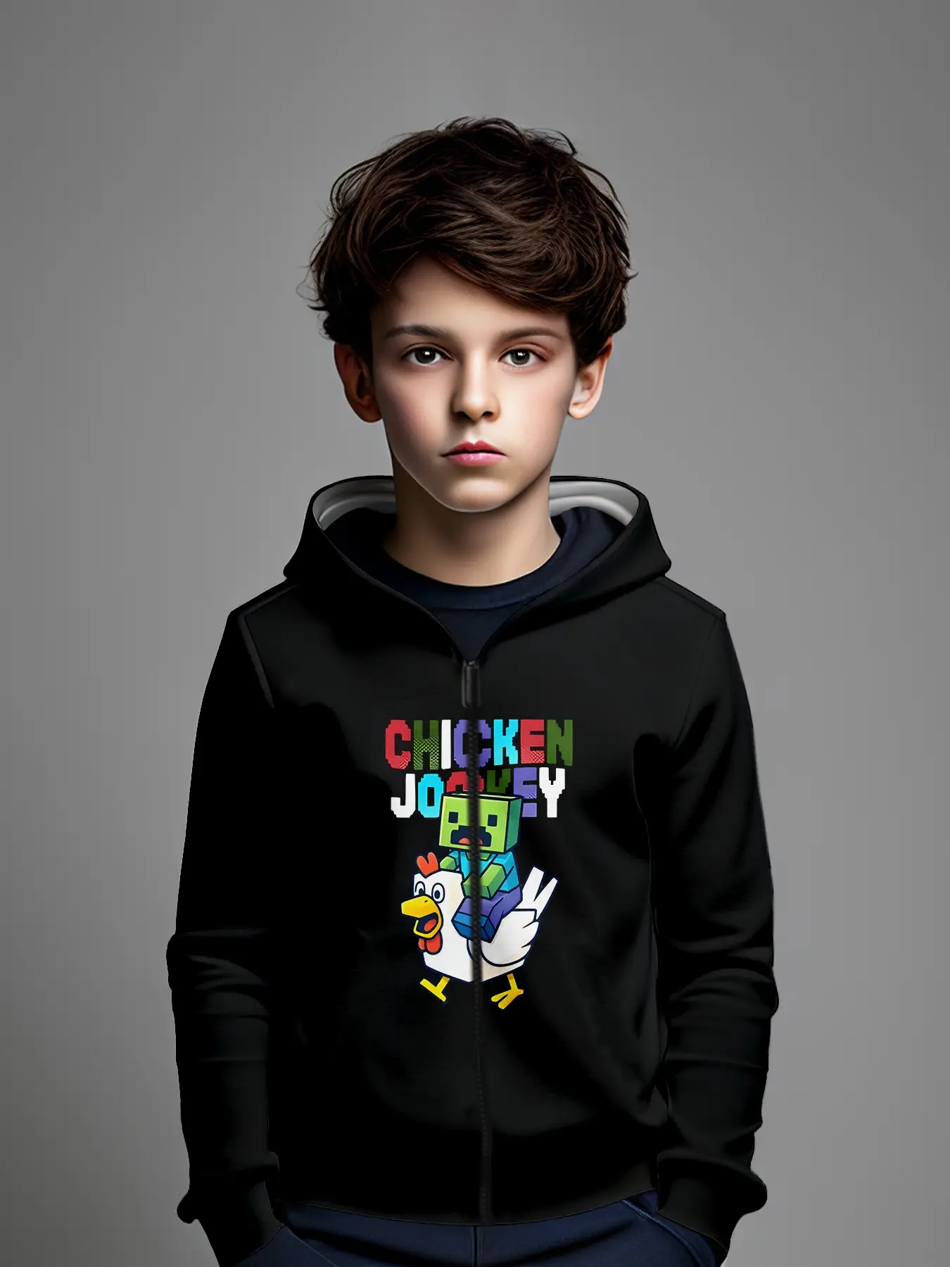 Colorful Rooster Pattern 3D Print Boys' Zipper Graphic Hoodies, Casual Fitted Design for Fall & Winter, Daily Wear Suitable for Kids