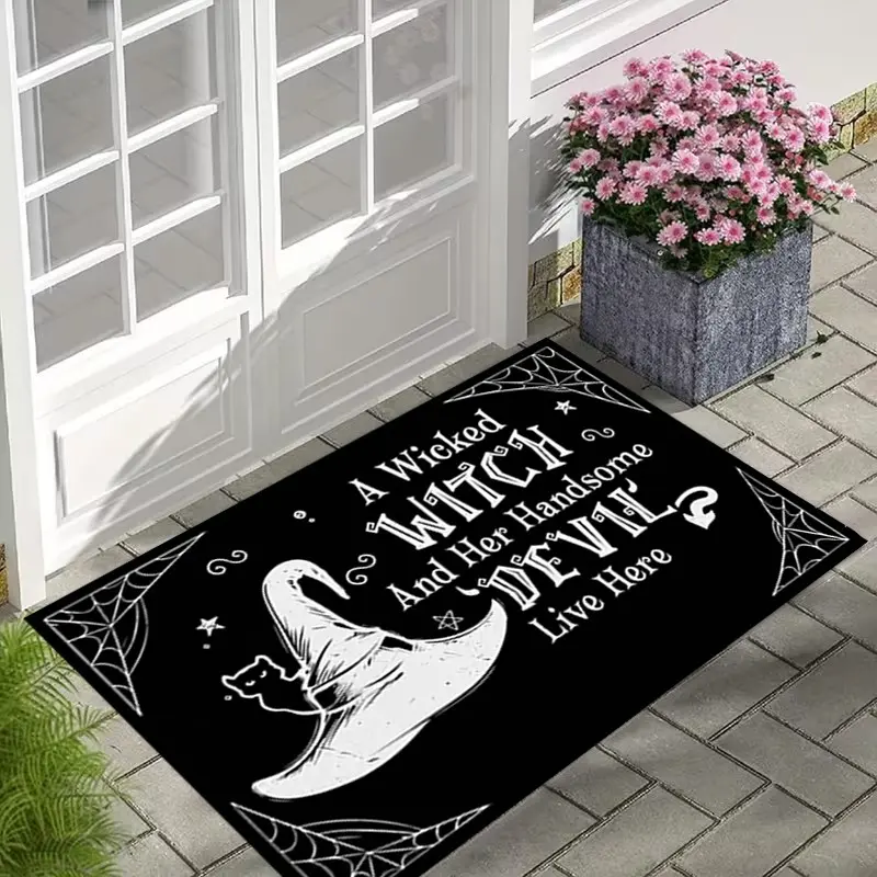 Vintage and Spider Web Witch Hat Rug, Halloween Theme Hand-Drawn Witch and Devil Text Mat, Modern Entrance Hall Decor Carpet