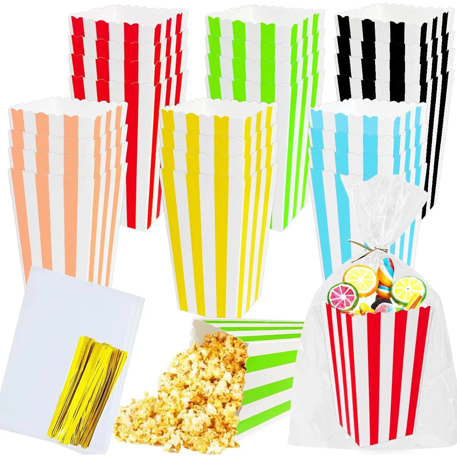 24 Pack Mini Popcorn Boxes,Candy Favor  Box with Clear Cellophane Bags,Paper Popcorn Buckets Containers for Birthday, Shower,Party Favor